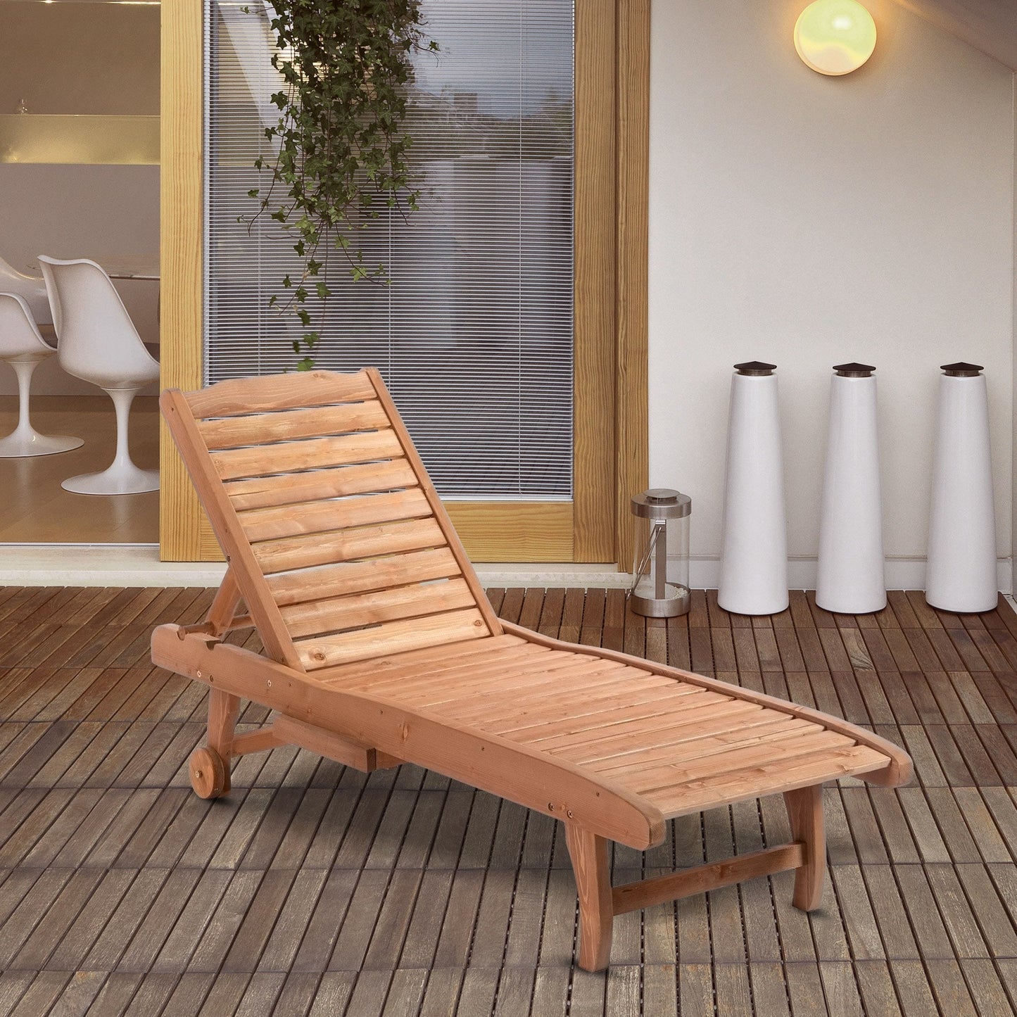 Wooden Outdoor Lounge Chair, Adjustable Patio Outdoor Chaise Recliner Garden Furniture, Tanning Chair with Pull-out Tray and 2 Wheels, Brown