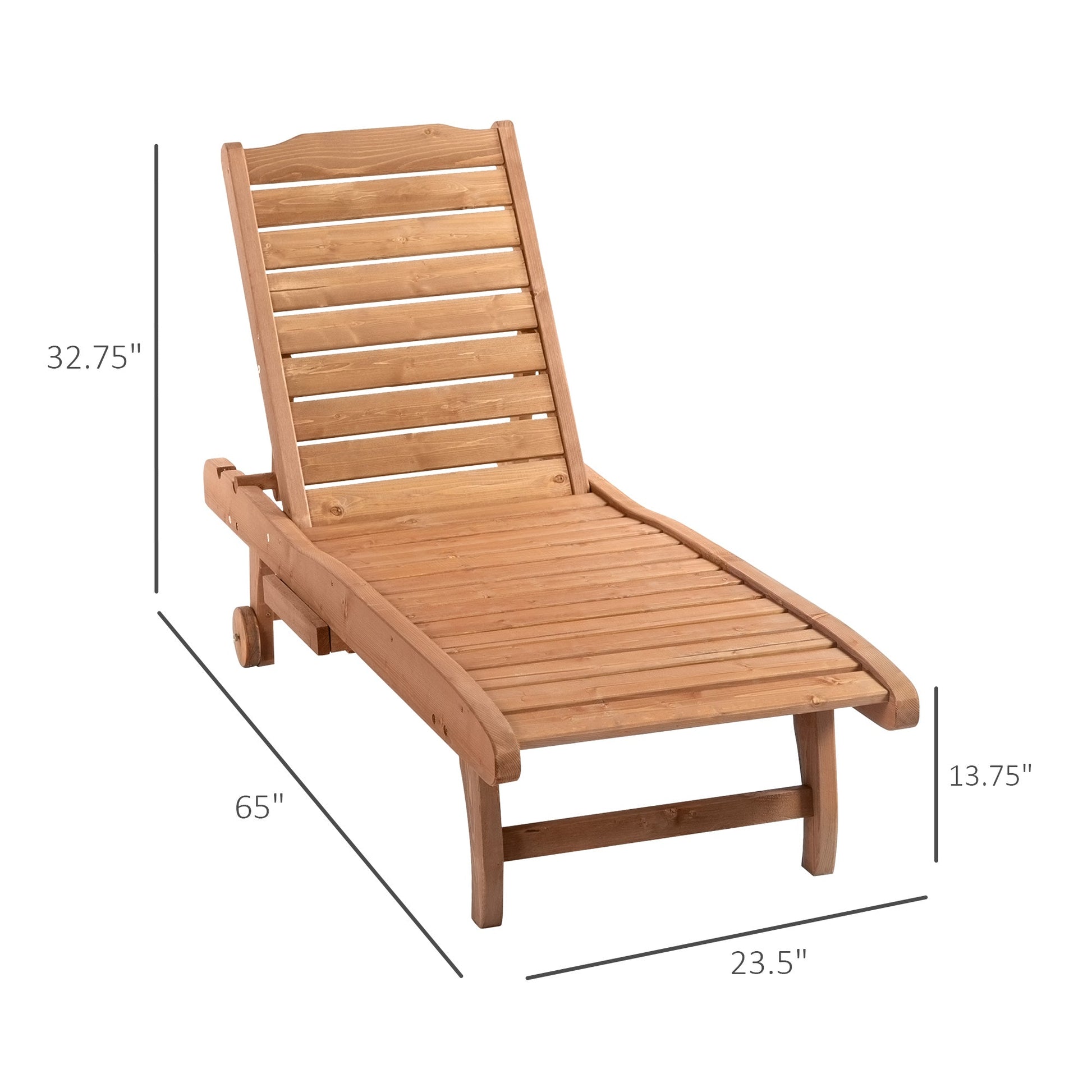 Wooden Outdoor Lounge Chair, Adjustable Patio Outdoor Chaise Recliner Garden Furniture, Tanning Chair with Pull-out Tray and 2 Wheels, Brown