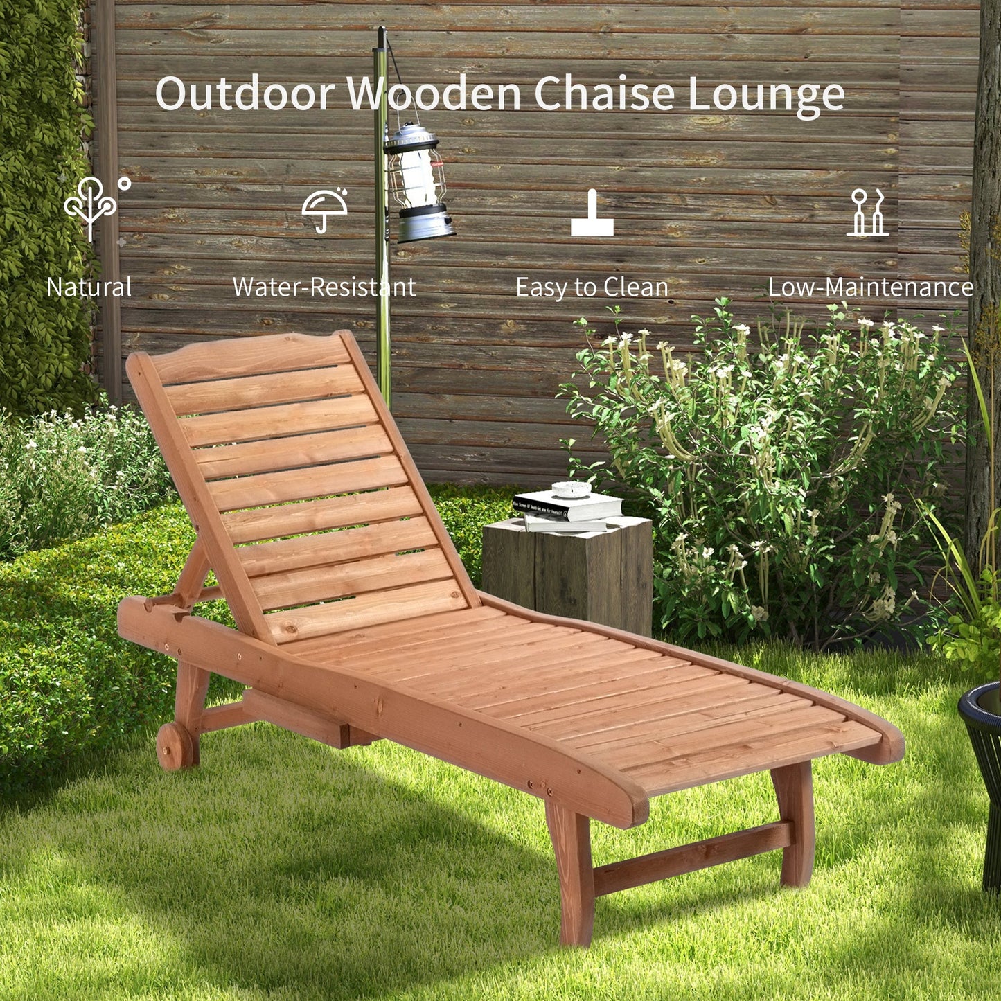 Wooden Outdoor Lounge Chair, Adjustable Patio Outdoor Chaise Recliner Garden Furniture, Tanning Chair with Pull-out Tray and 2 Wheels, Brown