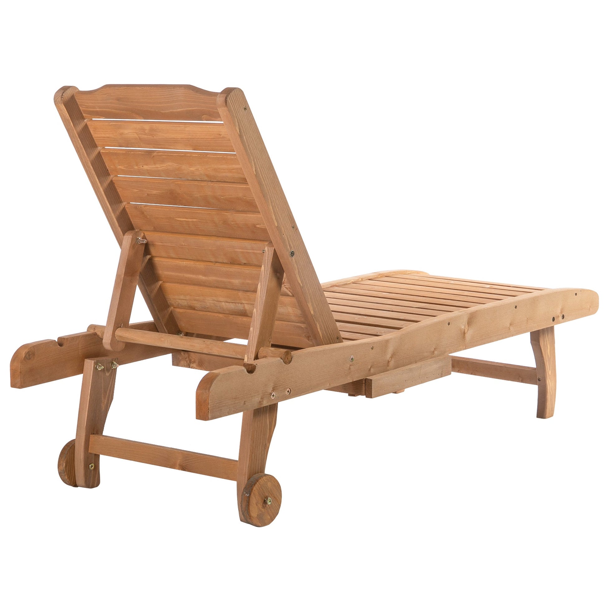 Wooden Outdoor Lounge Chair, Adjustable Patio Outdoor Chaise Recliner Garden Furniture, Tanning Chair with Pull-out Tray and 2 Wheels, Brown