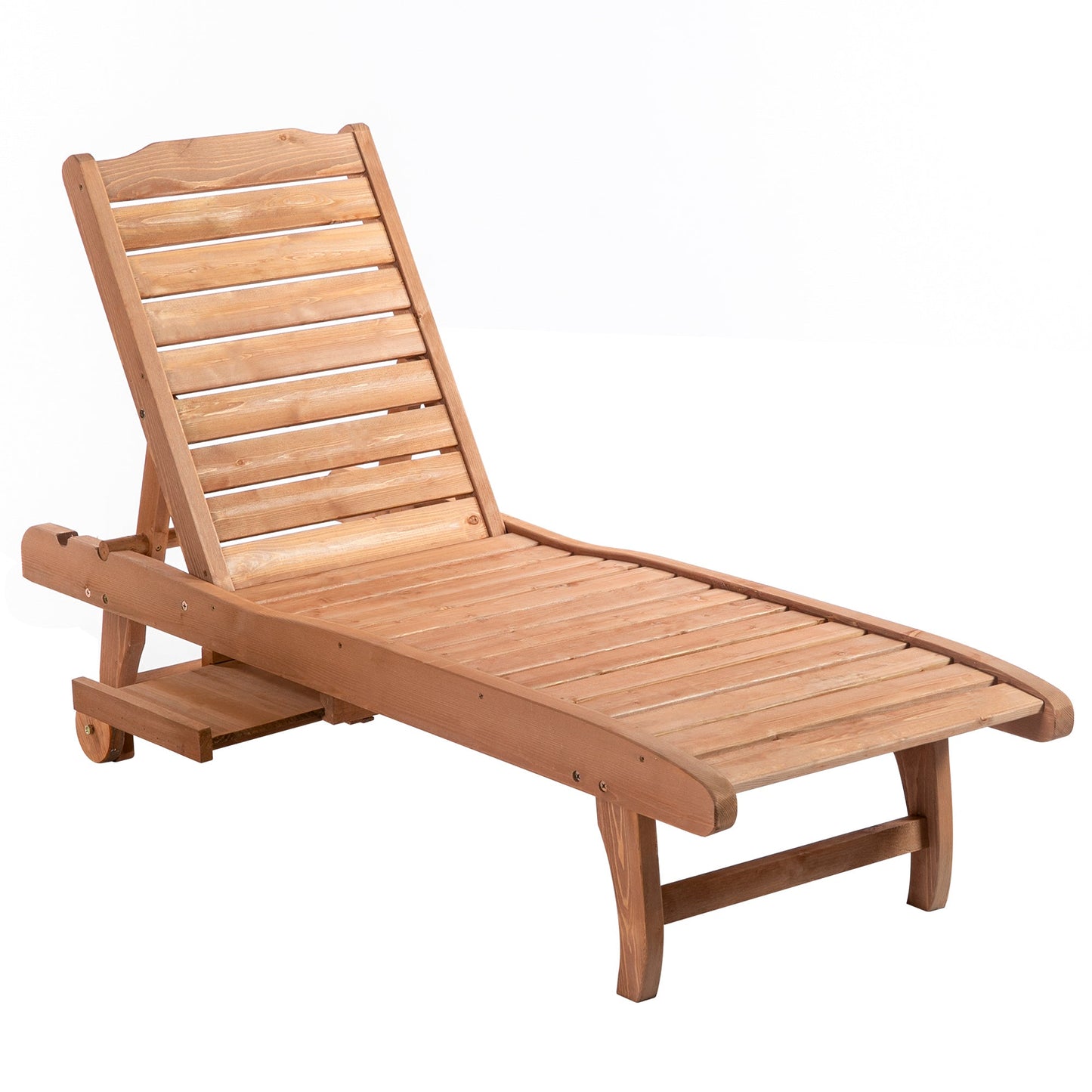 Wooden Outdoor Lounge Chair, Adjustable Patio Outdoor Chaise Recliner Garden Furniture, Tanning Chair with Pull-out Tray and 2 Wheels, Brown