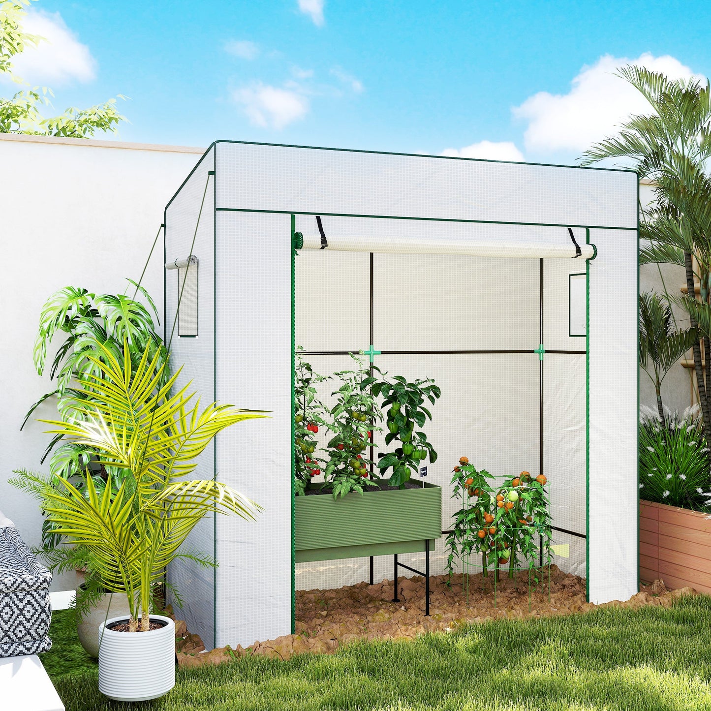 Lean-to Tomato Greenhouse with PE Cover, Walk-in Green House with Roll-up Door and 2 Mesh Windows, Portable Plant Grow House for Indoor Outdoor, 77.2"x30.3"x77.6", White