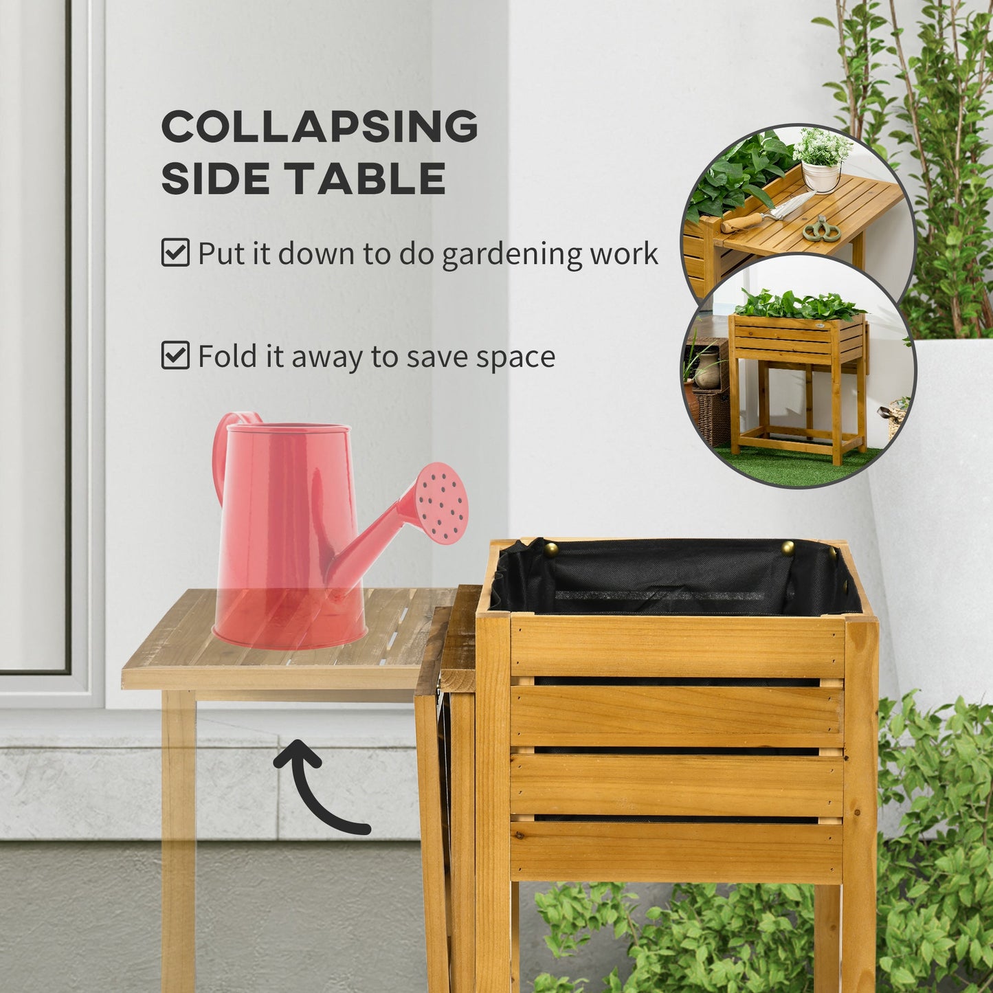 Raised Garden Bed with Folding Side Table, Elevated Wood Planter Box for Flowers, Herbs and Vegetables, Use for Patio, Backyard, Balcony