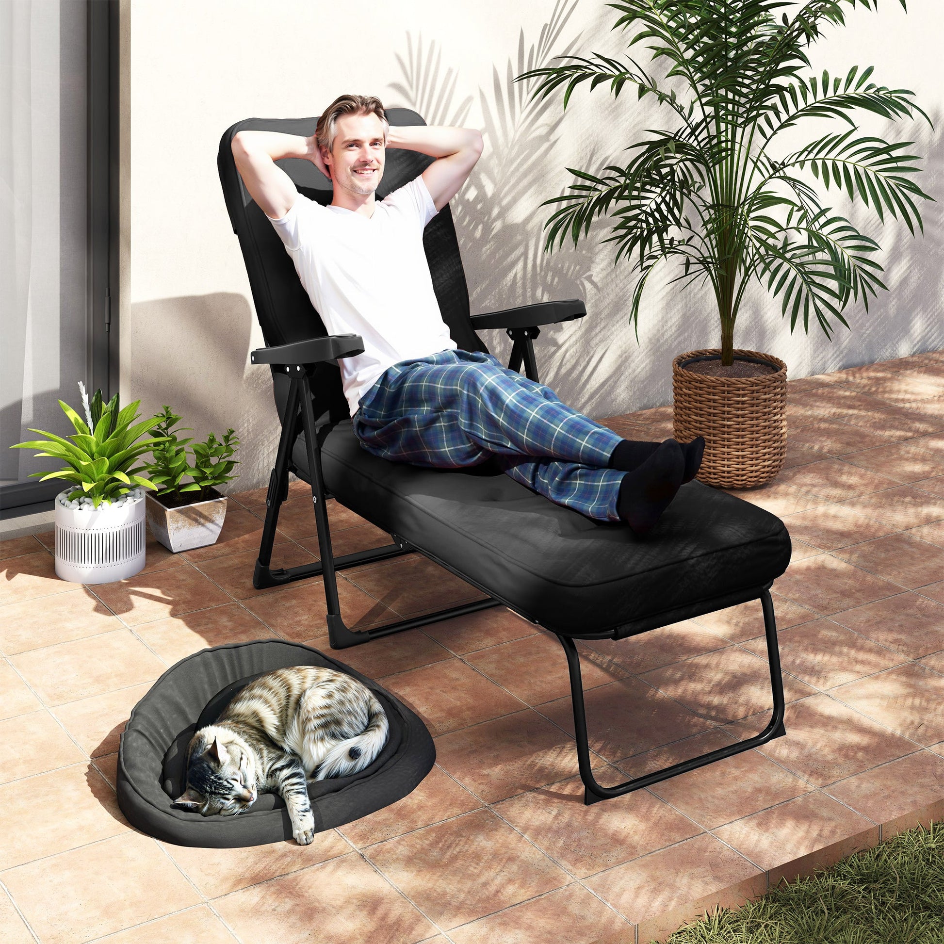 Outdoor Lounge Chair with Padded Cushion, Folding Reclining Patio Garden Chair with Recline Back, Footrest, for Poolside, Patio, Black