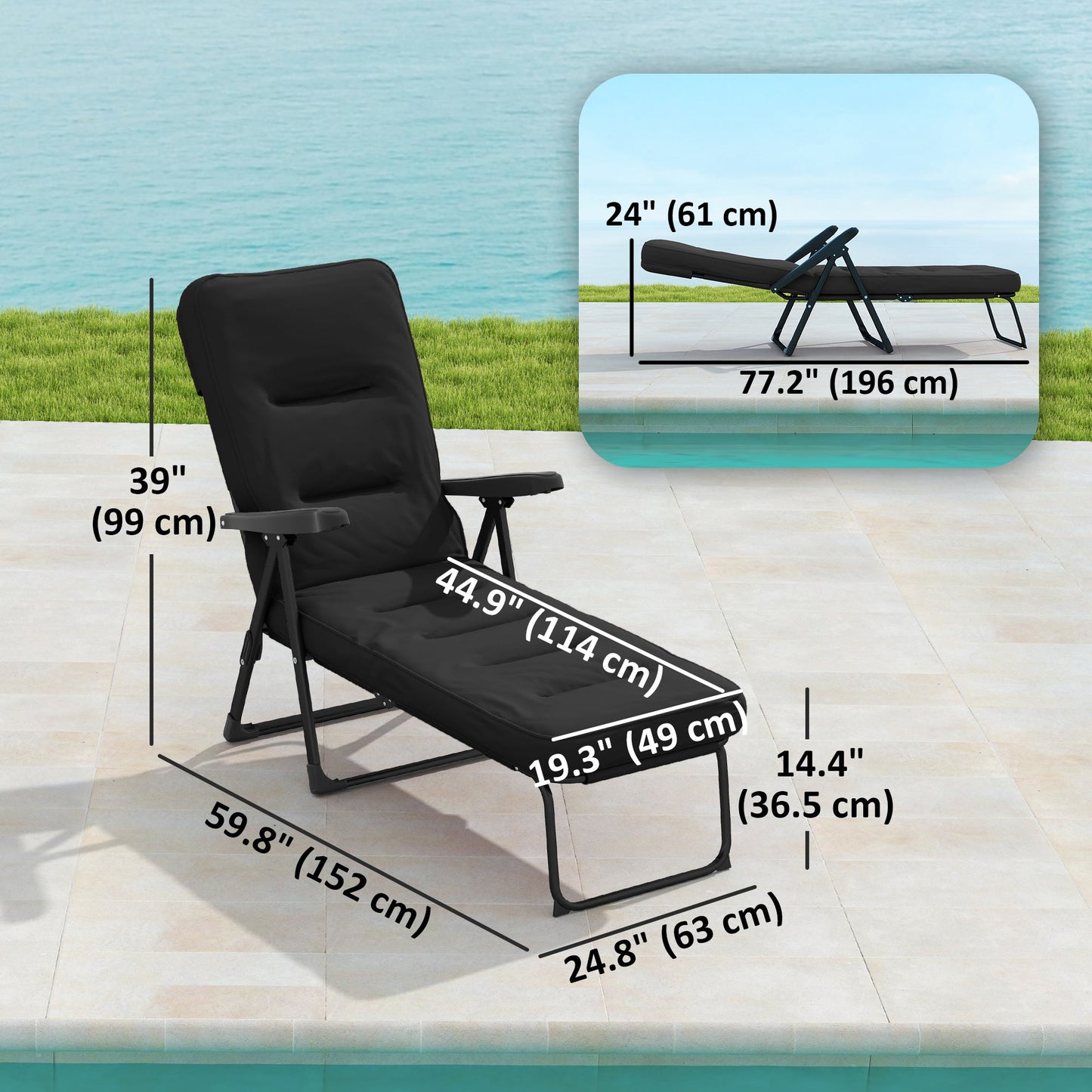 Outdoor Lounge Chair with Padded Cushion, Folding Reclining Patio Garden Chair with Recline Back, Footrest, for Poolside, Patio, Black