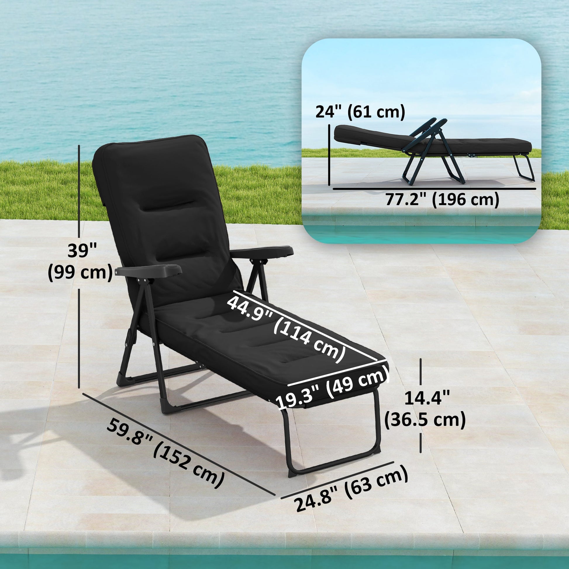 Outdoor Lounge Chair with Padded Cushion, Folding Reclining Patio Garden Chair with Recline Back, Footrest, for Poolside, Patio, Black
