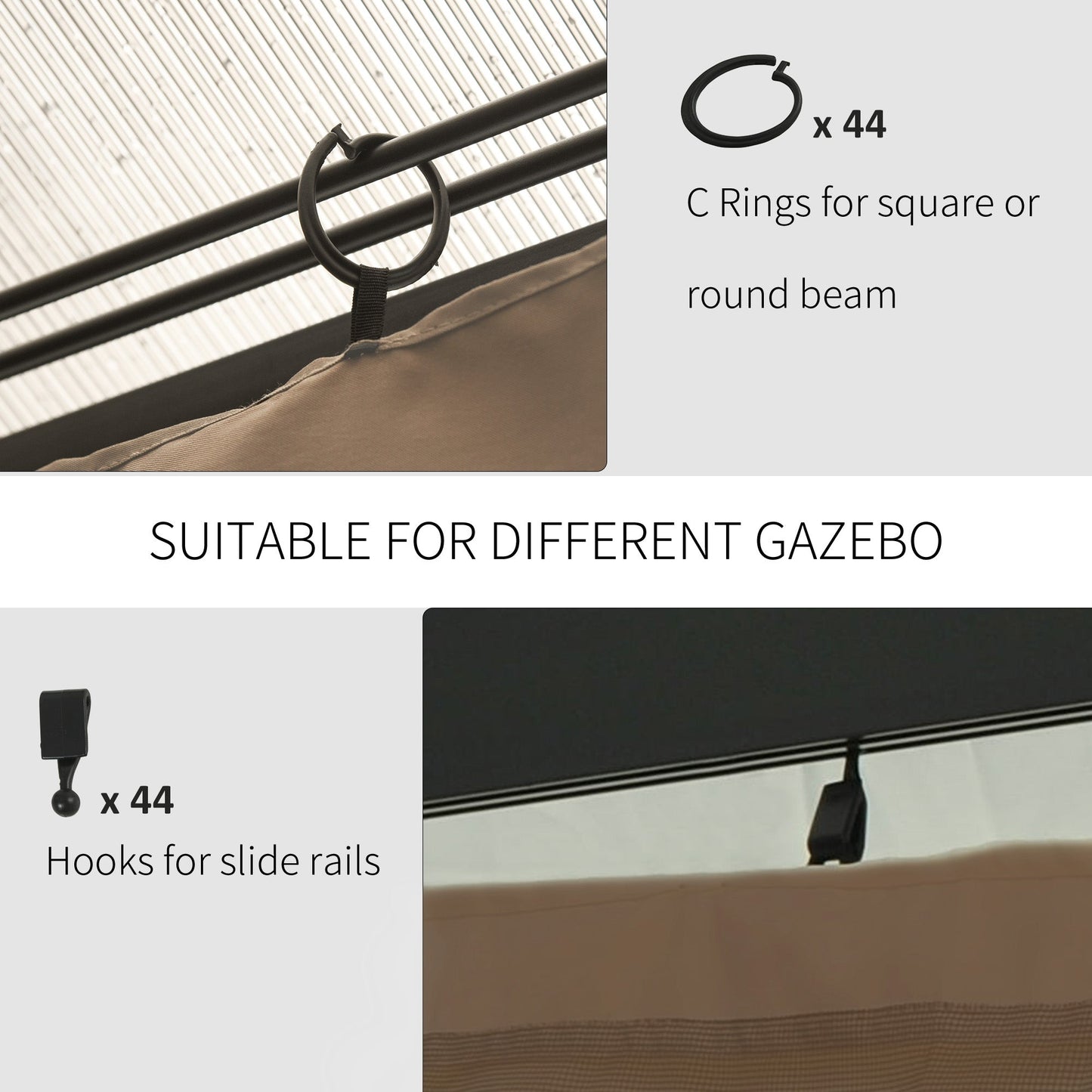 10' x 12' Universal Gazebo Sidewall Set with 4 Panels, Hooks/C-Rings Included for Pergolas & Cabanas, Brown