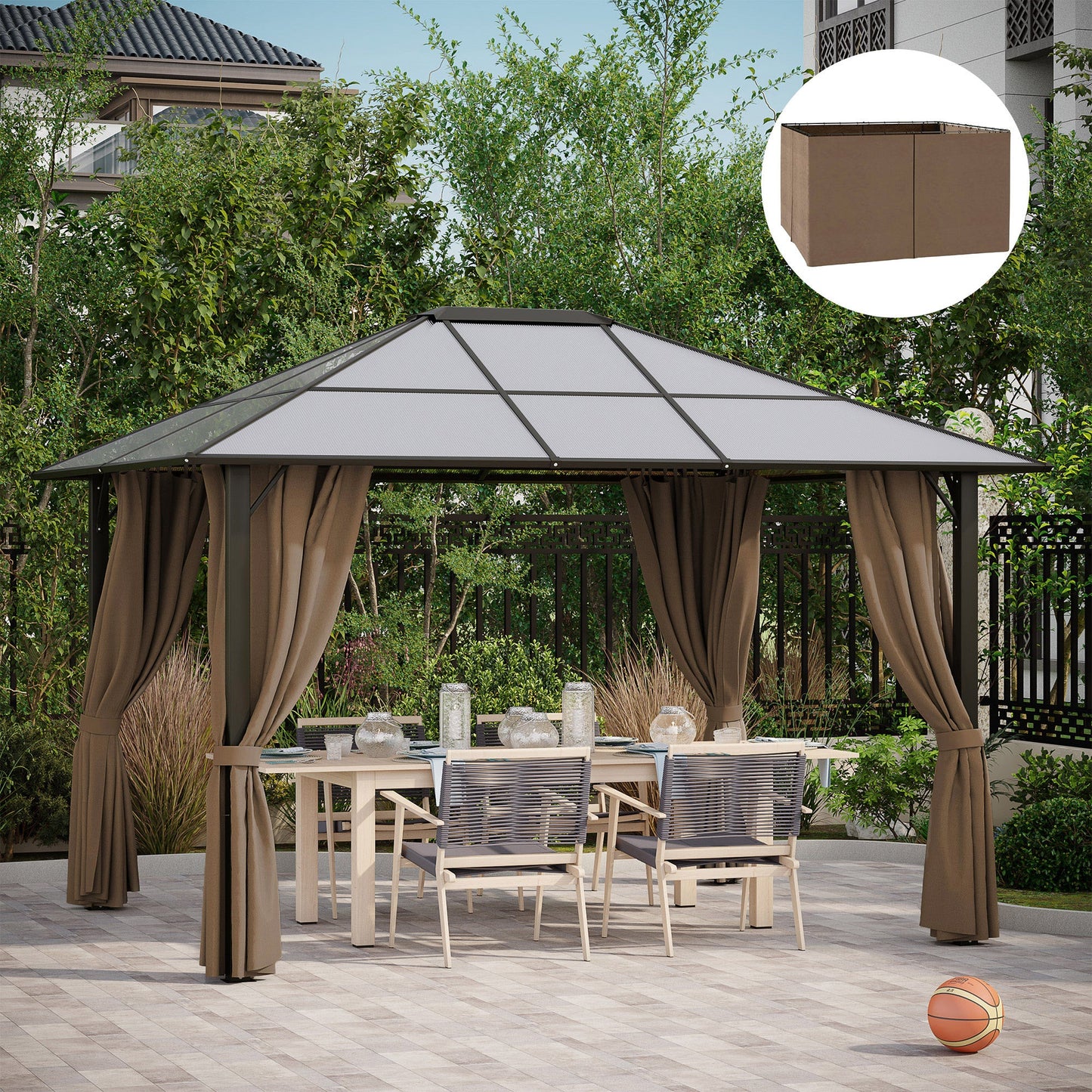 10' x 12' Universal Gazebo Sidewall Set with 4 Panels, Hooks/C-Rings Included for Pergolas & Cabanas, Brown