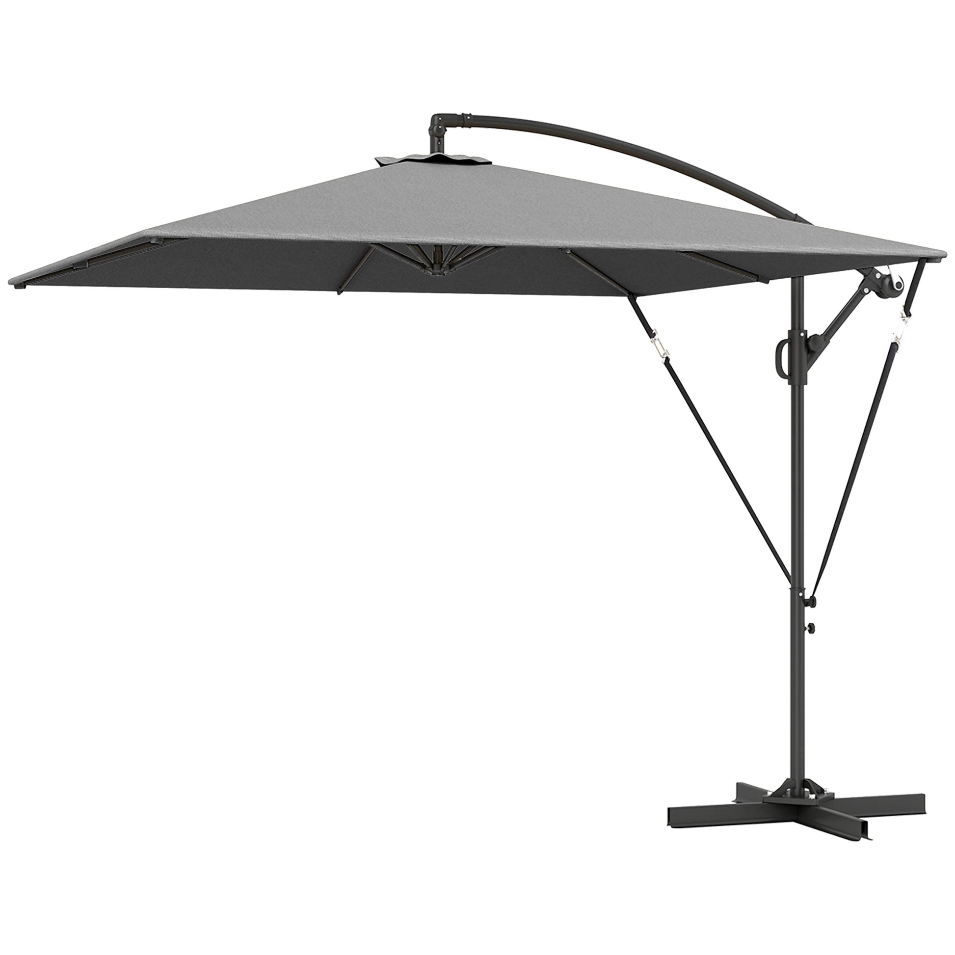 Patio Offset Umbrella UPF 50+ UV Protection, Water-Resistant, Crank Parasol with Base, Cover & Wind Securing, Tiltable Garden Umbrella for Balcony & Patio, Grey