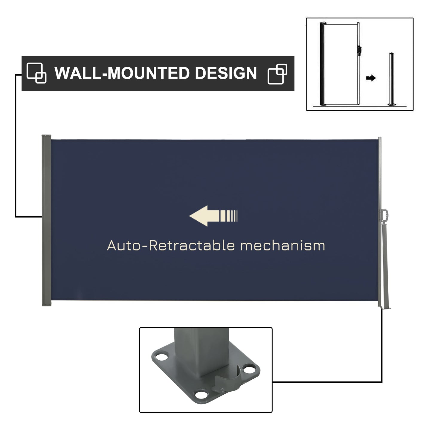 118" x 63" Retractable Side Awning Patio Outdoor Folding Privacy Screen with Resistance to UV Rays & Wind, Dark Blue