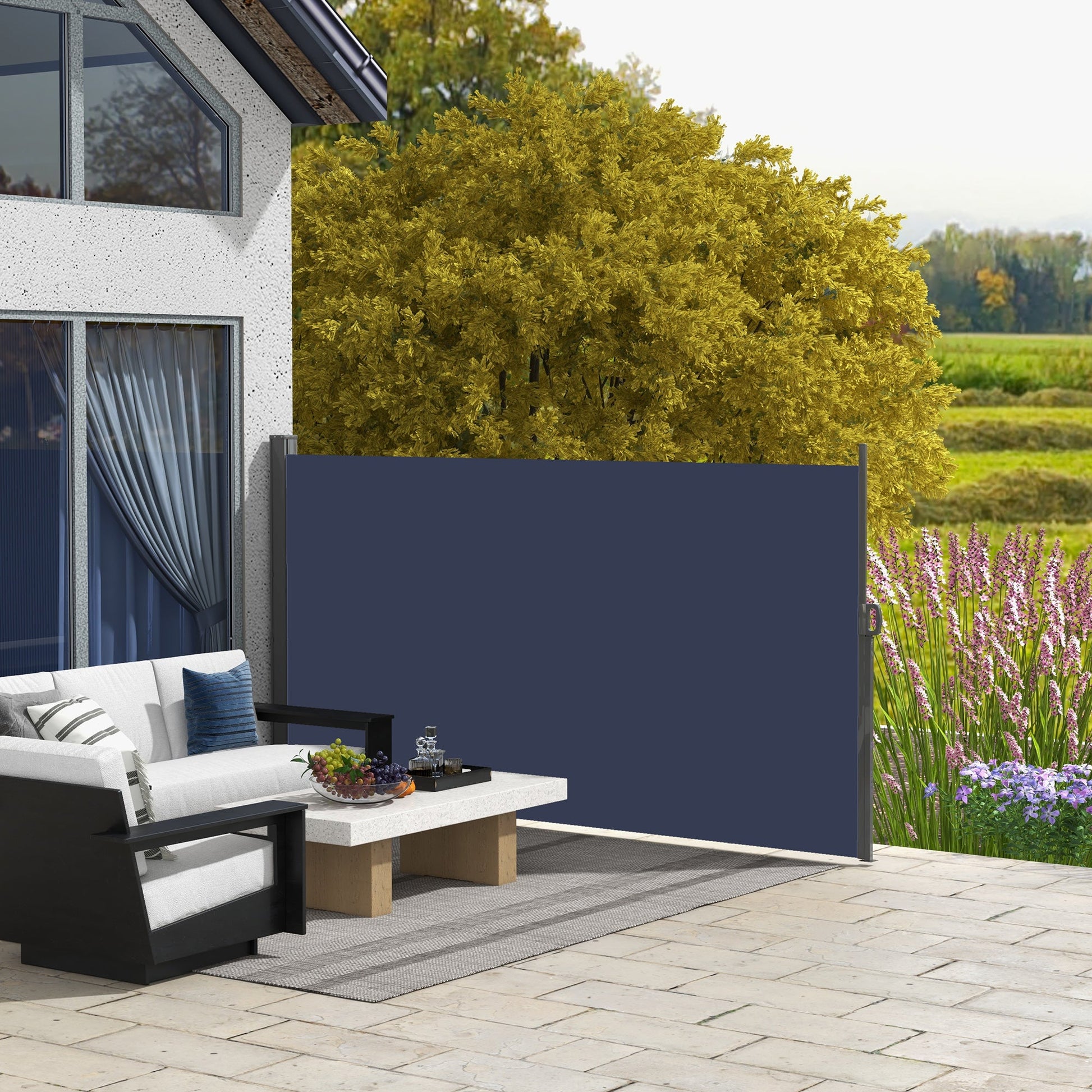 118" x 63" Retractable Side Awning Patio Outdoor Folding Privacy Screen with Resistance to UV Rays & Wind, Dark Blue