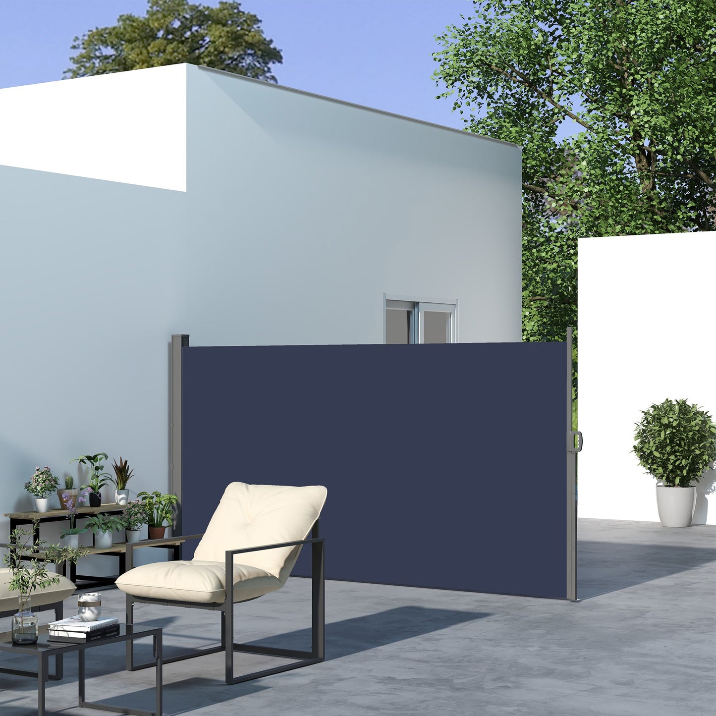 118" x 63" Retractable Side Awning Patio Outdoor Folding Privacy Screen with Resistance to UV Rays & Wind, Dark Blue