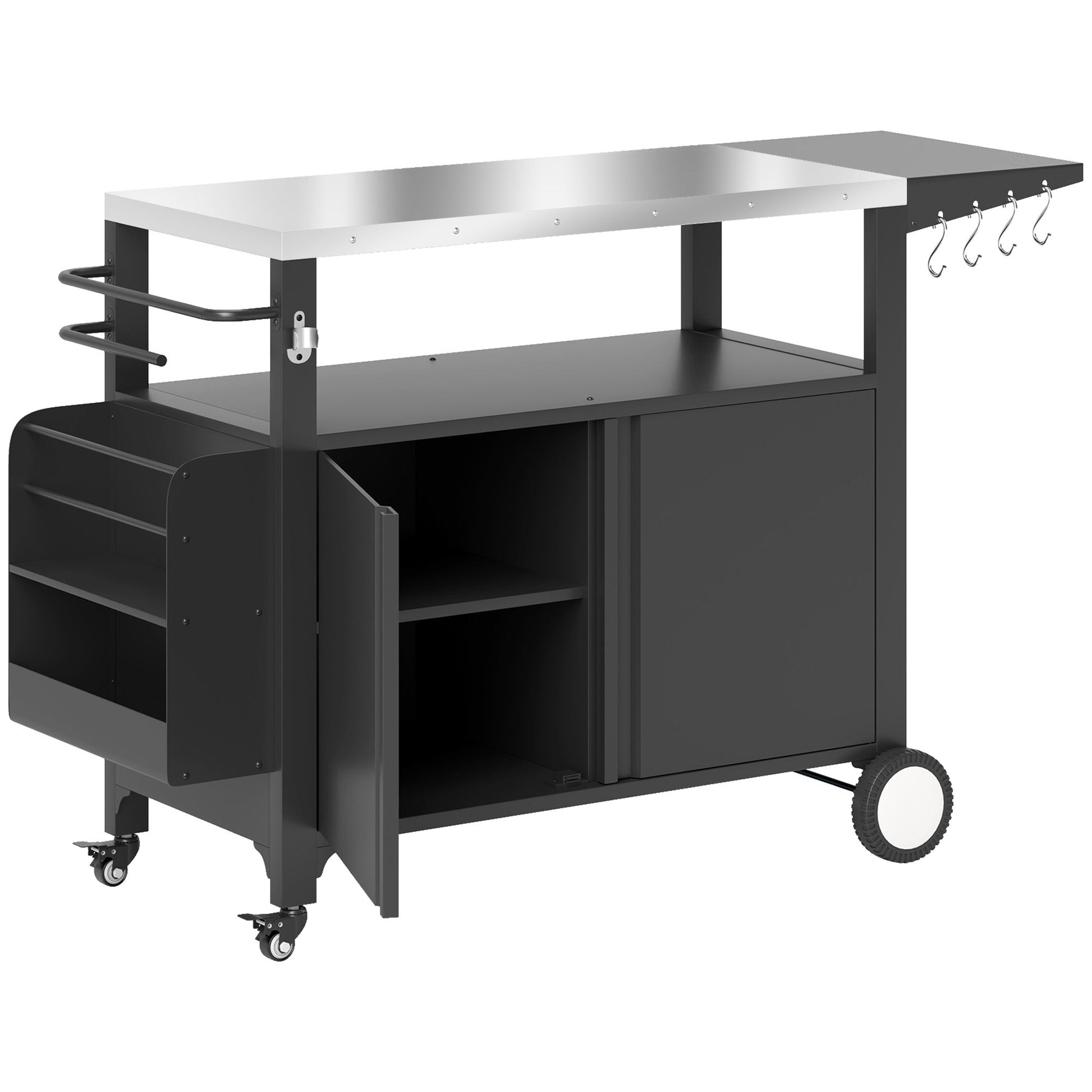 Outdoor Grill Cart with Foldable Side Table, 37.8" x 18.1" Pizza Oven Stand with Stainless Steel Tabletop, Storage & Towel Rack, Hooks, Movable Food Prep Table on Wheels
