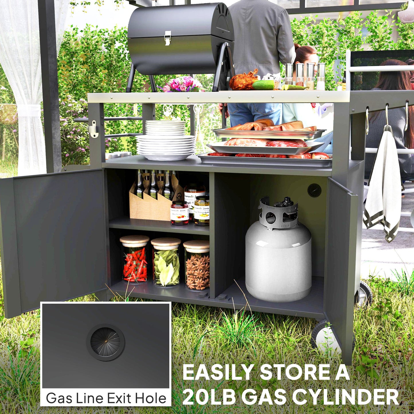 Outdoor Grill Cart with Foldable Side Table, 37.8" x 18.1" Pizza Oven Stand with Stainless Steel Tabletop, Storage & Towel Rack, Hooks, Movable Food Prep Table on Wheels