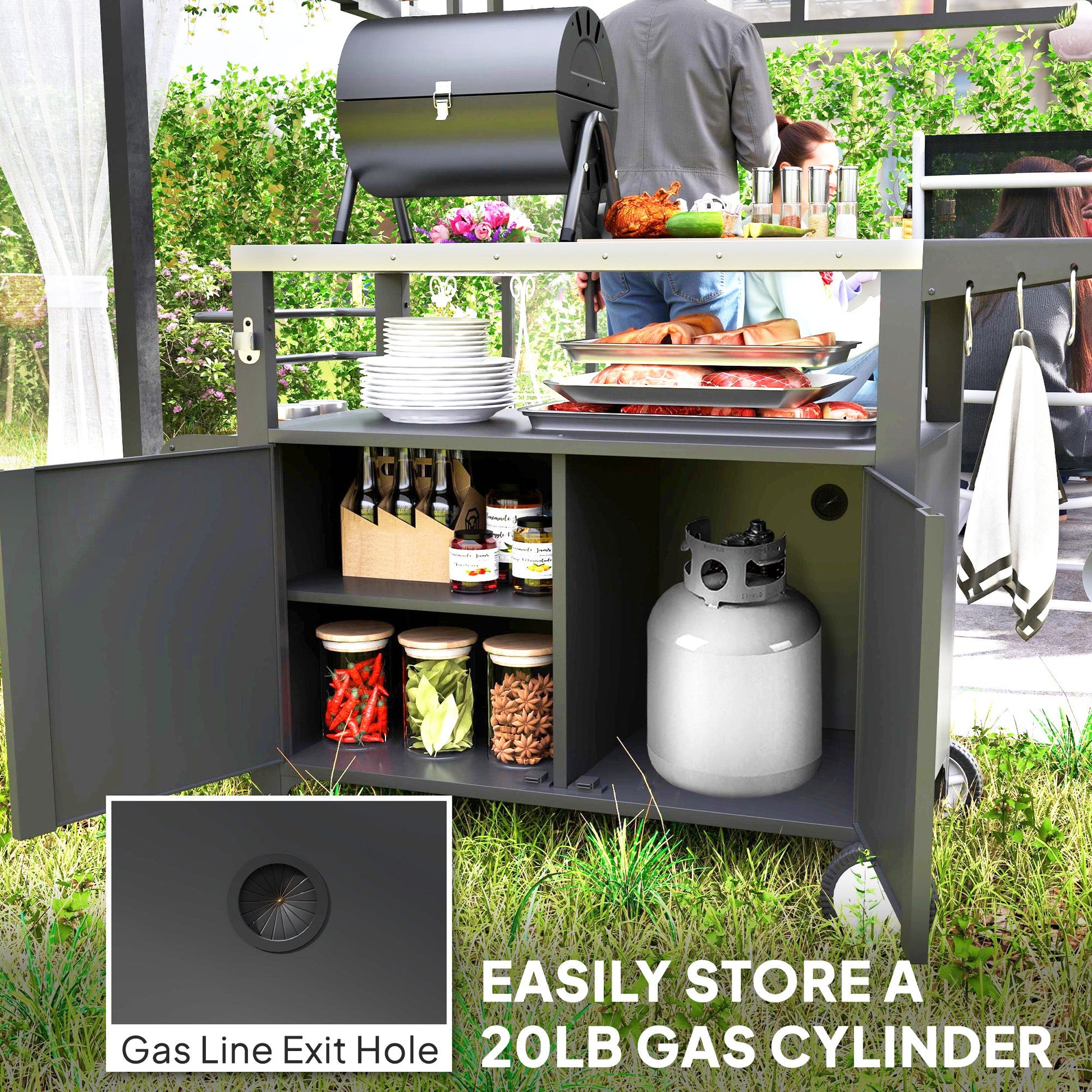 Outdoor Grill Cart with Foldable Side Table, 37.8" x 18.1" Pizza Oven Stand with Stainless Steel Tabletop, Storage & Towel Rack, Hooks, Movable Food Prep Table on Wheels