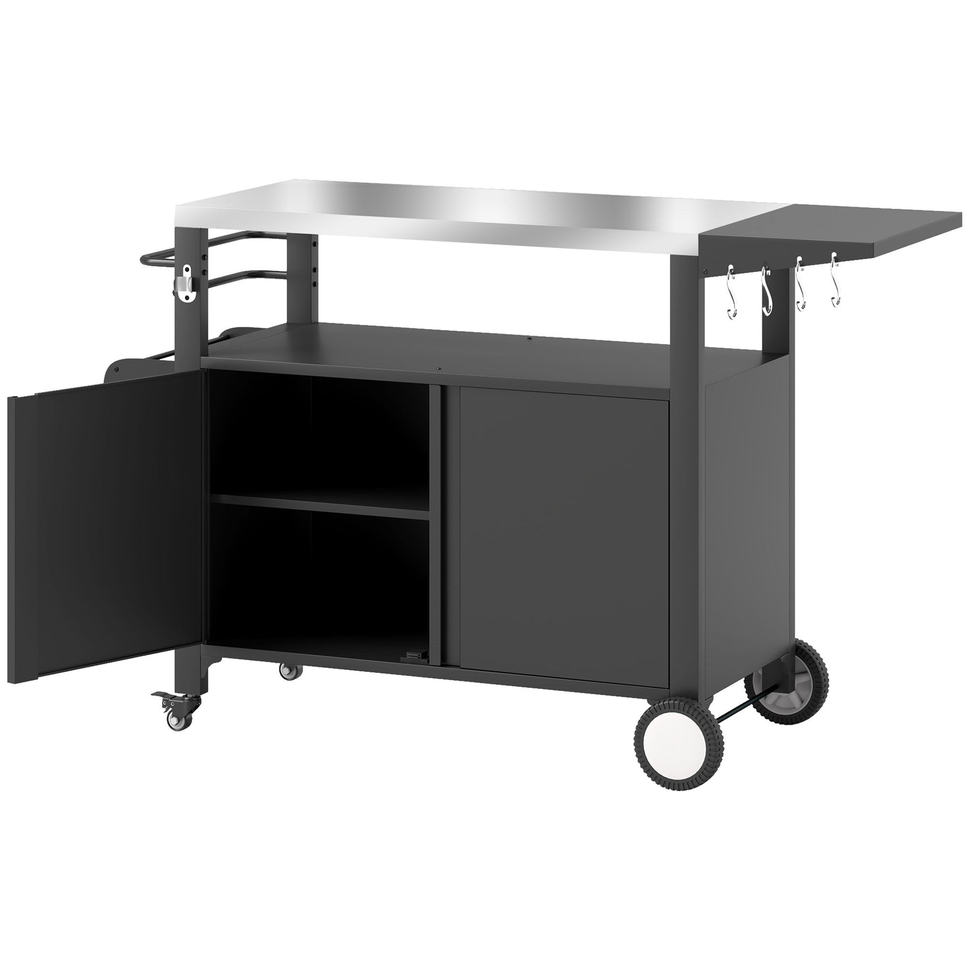 Outdoor Grill Cart with Foldable Side Table, 37.8" x 18.1" Pizza Oven Stand with Stainless Steel Tabletop, Storage & Towel Rack, Hooks, Movable Food Prep Table on Wheels