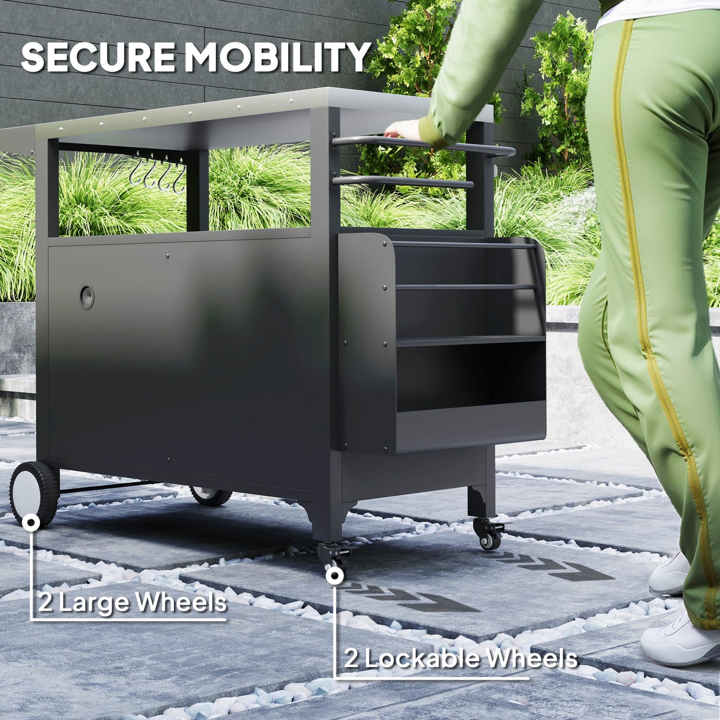 Outdoor Grill Cart with Foldable Side Table, 37.8" x 18.1" Pizza Oven Stand with Stainless Steel Tabletop, Storage & Towel Rack, Hooks, Movable Food Prep Table on Wheels