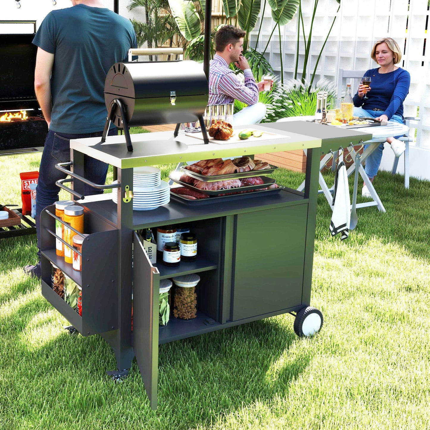 Outdoor Grill Cart with Foldable Side Table, 37.8" x 18.1" Pizza Oven Stand with Stainless Steel Tabletop, Storage & Towel Rack, Hooks, Movable Food Prep Table on Wheels