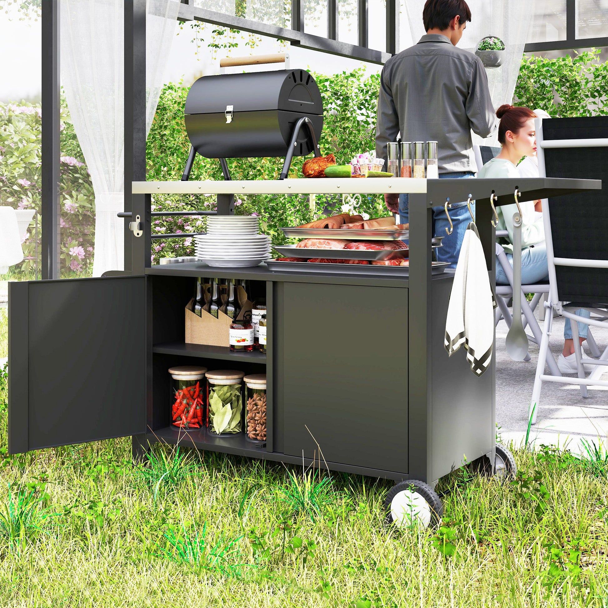 Outdoor Grill Cart with Foldable Side Table, 37.8" x 18.1" Pizza Oven Stand with Stainless Steel Tabletop, Storage & Towel Rack, Hooks, Movable Food Prep Table on Wheels