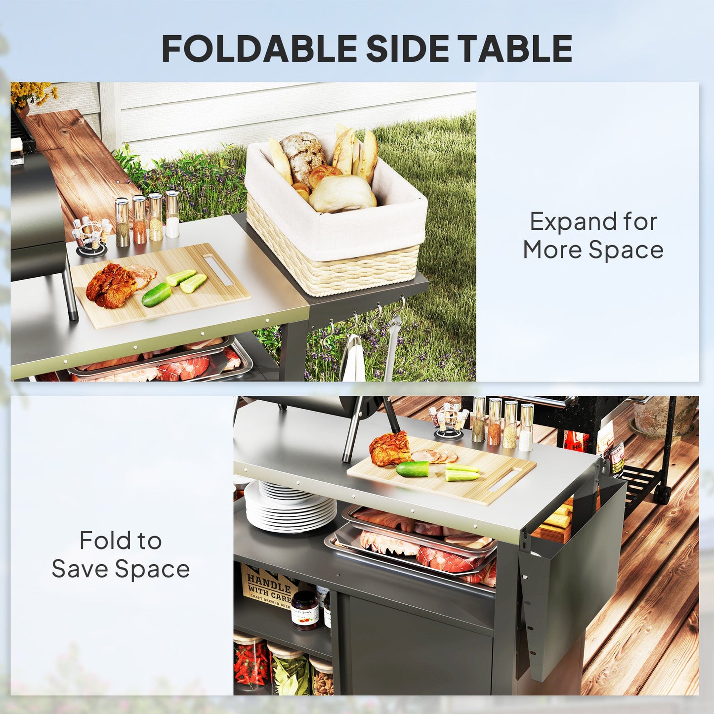 Outdoor Grill Cart with Foldable Side Table, 37.8" x 18.1" Pizza Oven Stand with Stainless Steel Tabletop, Storage & Towel Rack, Hooks, Movable Food Prep Table on Wheels