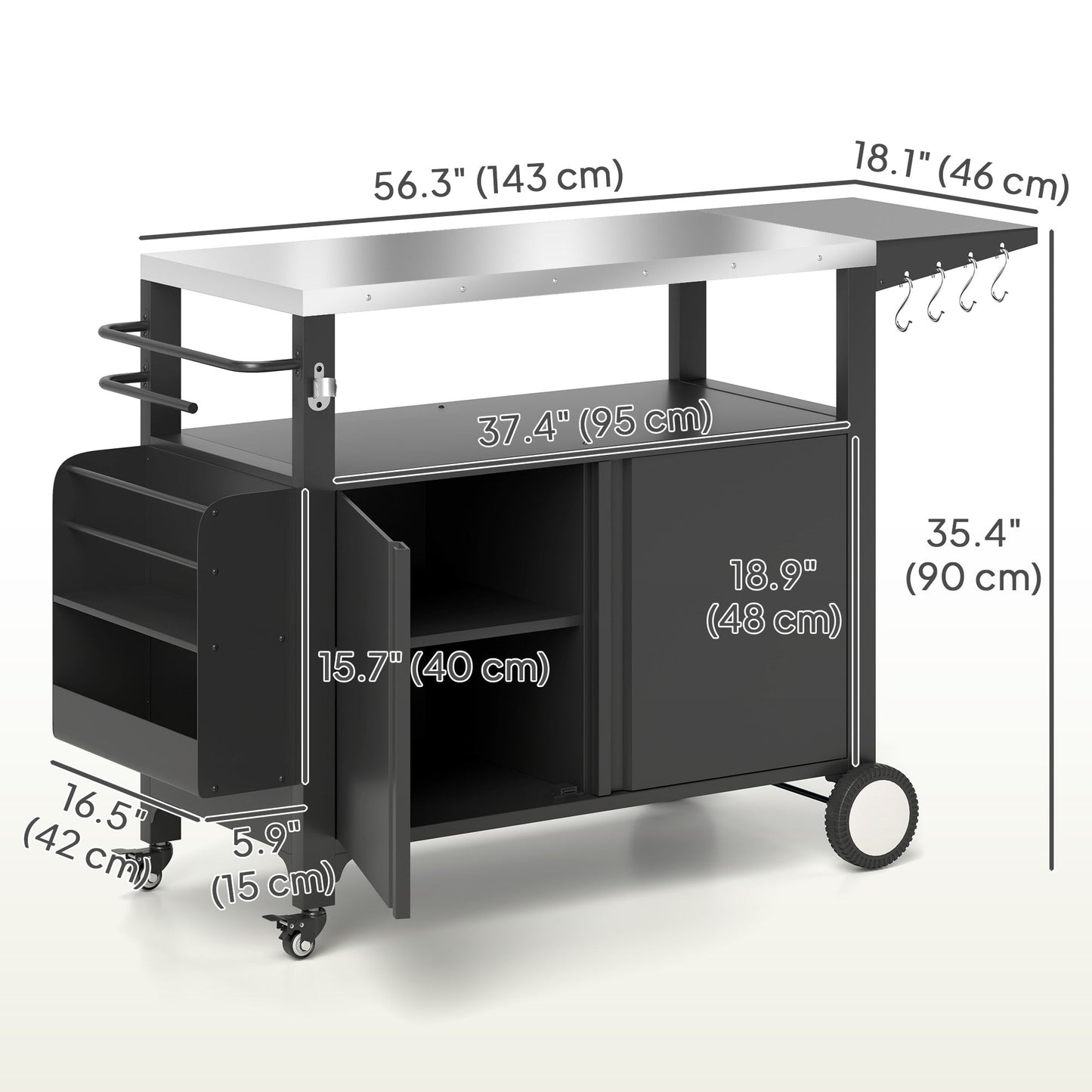 Outdoor Grill Cart with Foldable Side Table, 37.8" x 18.1" Pizza Oven Stand with Stainless Steel Tabletop, Storage & Towel Rack, Hooks, Movable Food Prep Table on Wheels