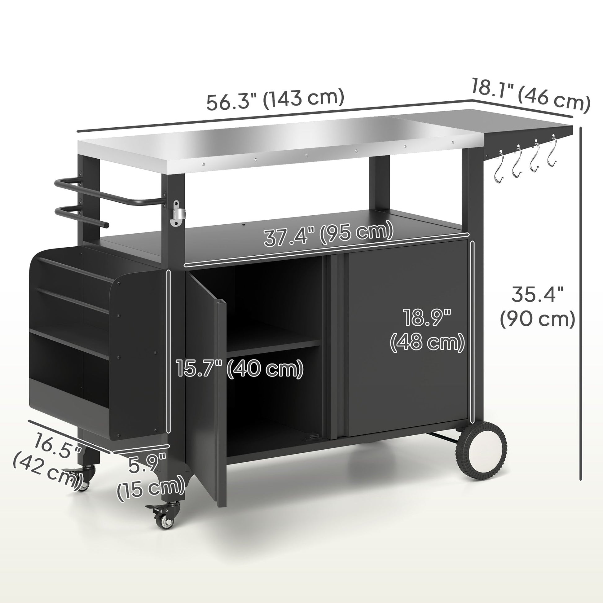 Outdoor Grill Cart with Foldable Side Table, 37.8" x 18.1" Pizza Oven Stand with Stainless Steel Tabletop, Storage & Towel Rack, Hooks, Movable Food Prep Table on Wheels