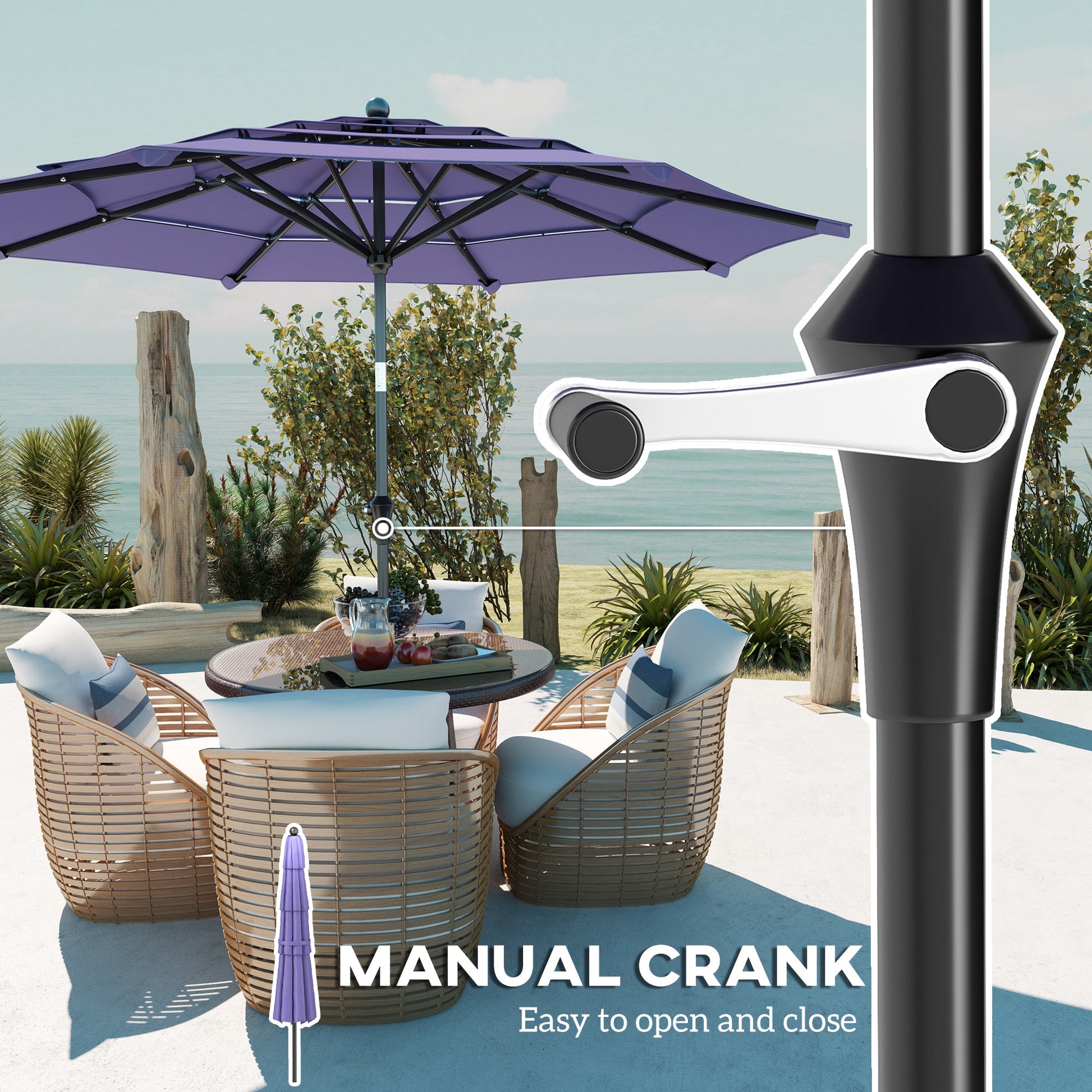 10.7FT Patio Umbrella with 8 Ribs, 4 Tiers Parasol with Crank, Push Button Tilt, Outdoor Table Umbrella for Backyard, Deck and Lawn, Purple