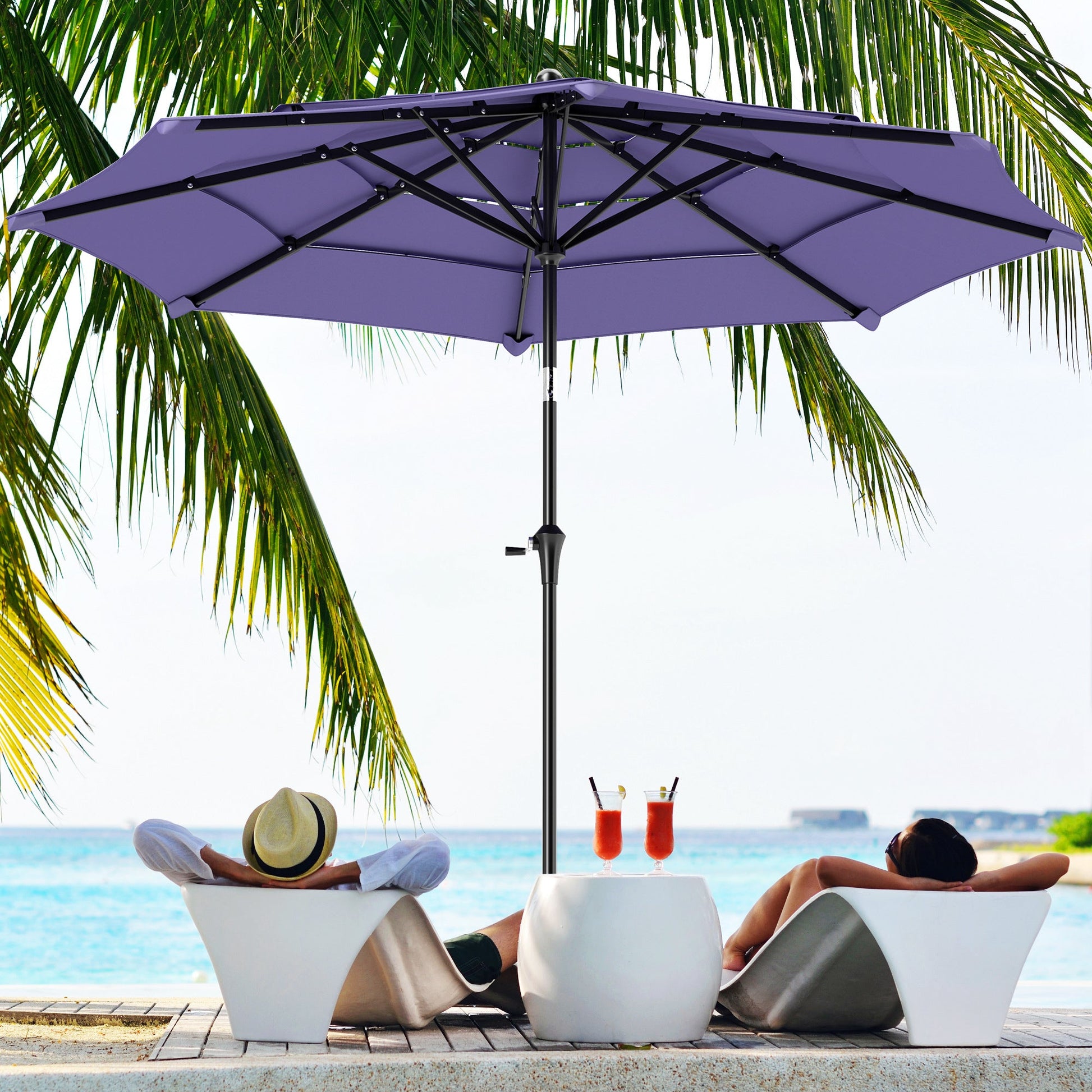 10.7FT Patio Umbrella with 8 Ribs, 4 Tiers Parasol with Crank, Push Button Tilt, Outdoor Table Umbrella for Backyard, Deck and Lawn, Purple