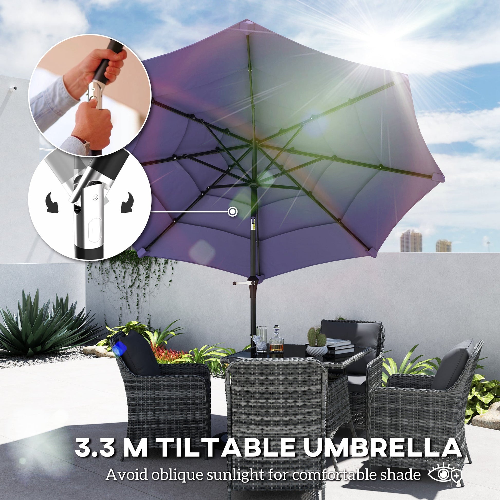 10.7FT Patio Umbrella with 8 Ribs, 4 Tiers Parasol with Crank, Push Button Tilt, Outdoor Table Umbrella for Backyard, Deck and Lawn, Purple