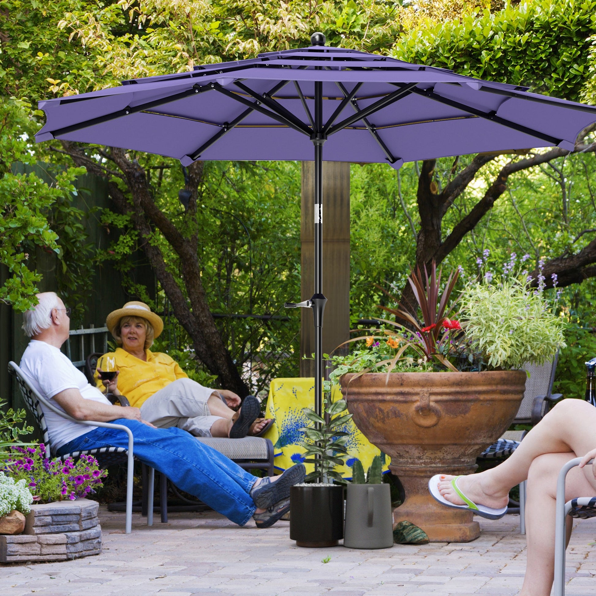 10.7FT Patio Umbrella with 8 Ribs, 4 Tiers Parasol with Crank, Push Button Tilt, Outdoor Table Umbrella for Backyard, Deck and Lawn, Purple