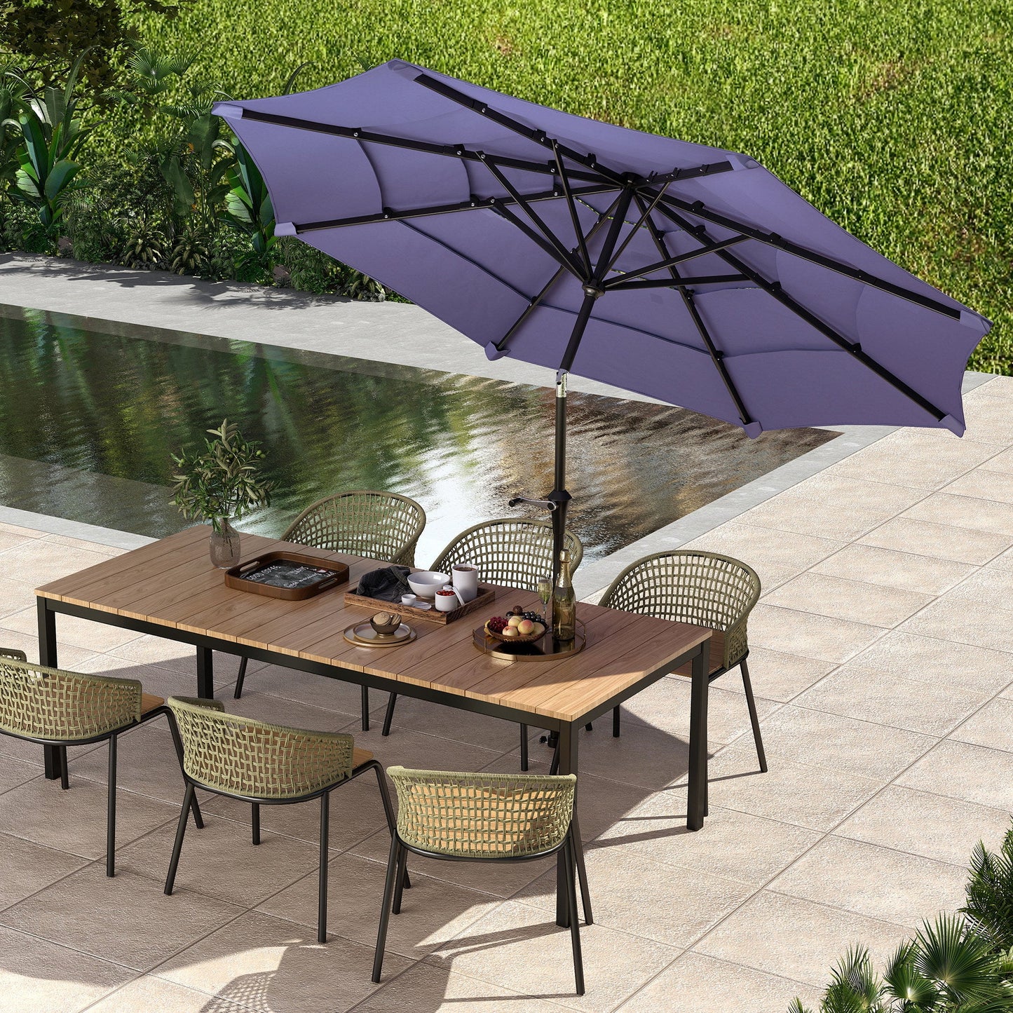 10.7FT Patio Umbrella with 8 Ribs, 4 Tiers Parasol with Crank, Push Button Tilt, Outdoor Table Umbrella for Backyard, Deck and Lawn, Purple