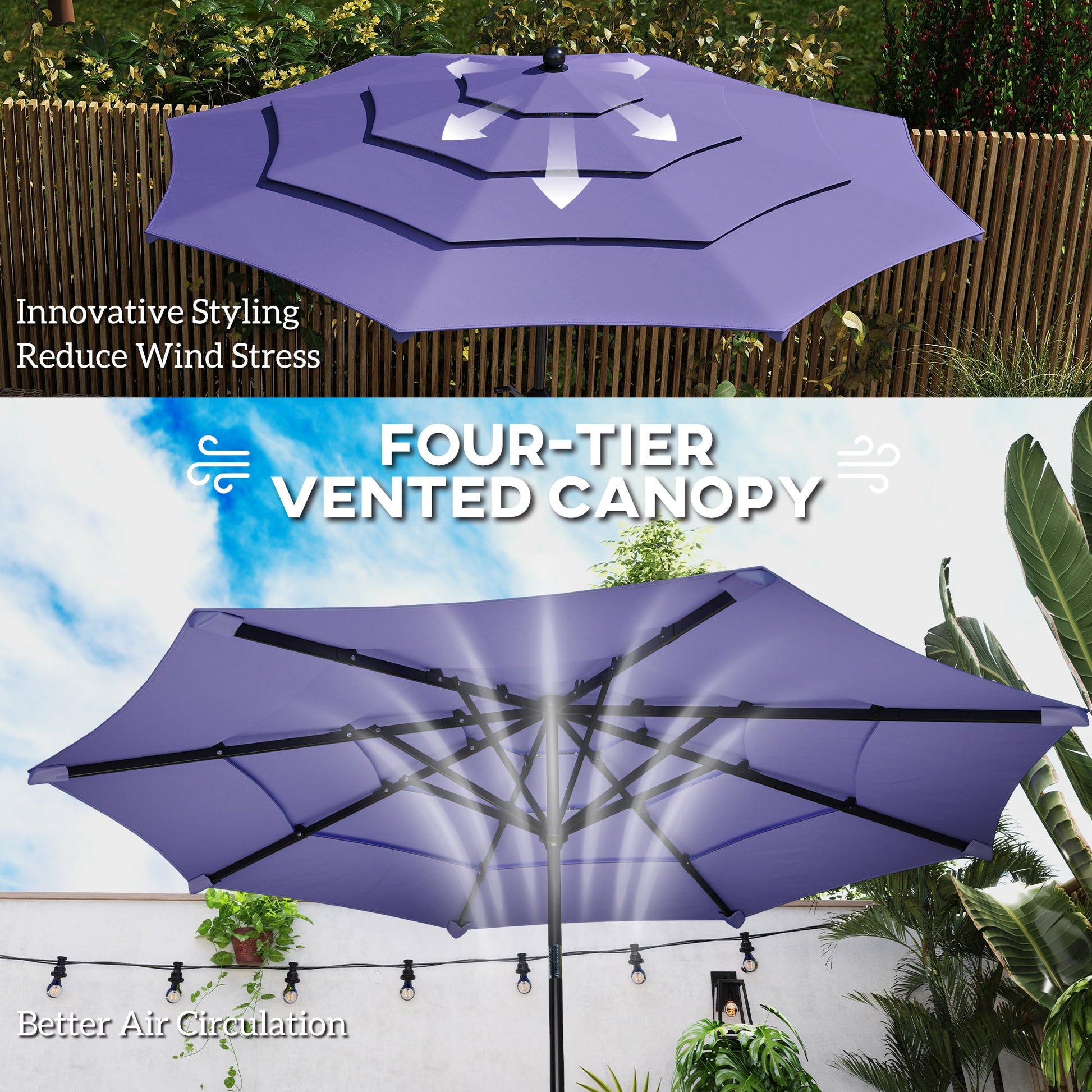 10.7FT Patio Umbrella with 8 Ribs, 4 Tiers Parasol with Crank, Push Button Tilt, Outdoor Table Umbrella for Backyard, Deck and Lawn, Purple