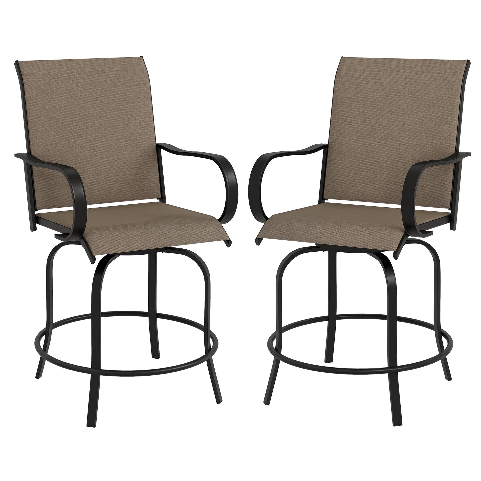 Outdoor Bar Stools Set of 2 with Armrests, 360° Swivel Bar Height Patio Chairs with Mesh Fabric, Steel Frame Dining Chairs, for Balcony, Poolside, Backyard, Tan