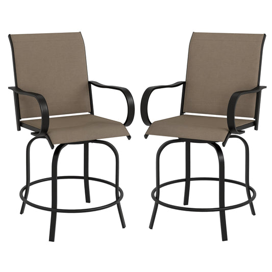 Outdoor Bar Stools Set of 2 with Armrests, 360° Swivel Bar Height Patio Chairs with Mesh Fabric, Steel Frame Dining Chairs, for Balcony, Poolside, Backyard, Tan