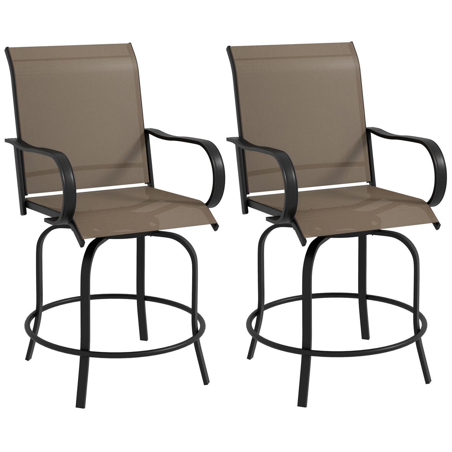 Outdoor Bar Stools Set of 2 with Armrests, 360° Swivel Bar Height Patio Chairs with Mesh Fabric, Steel Frame Dining Chairs, for Balcony, Poolside, Backyard, Tan