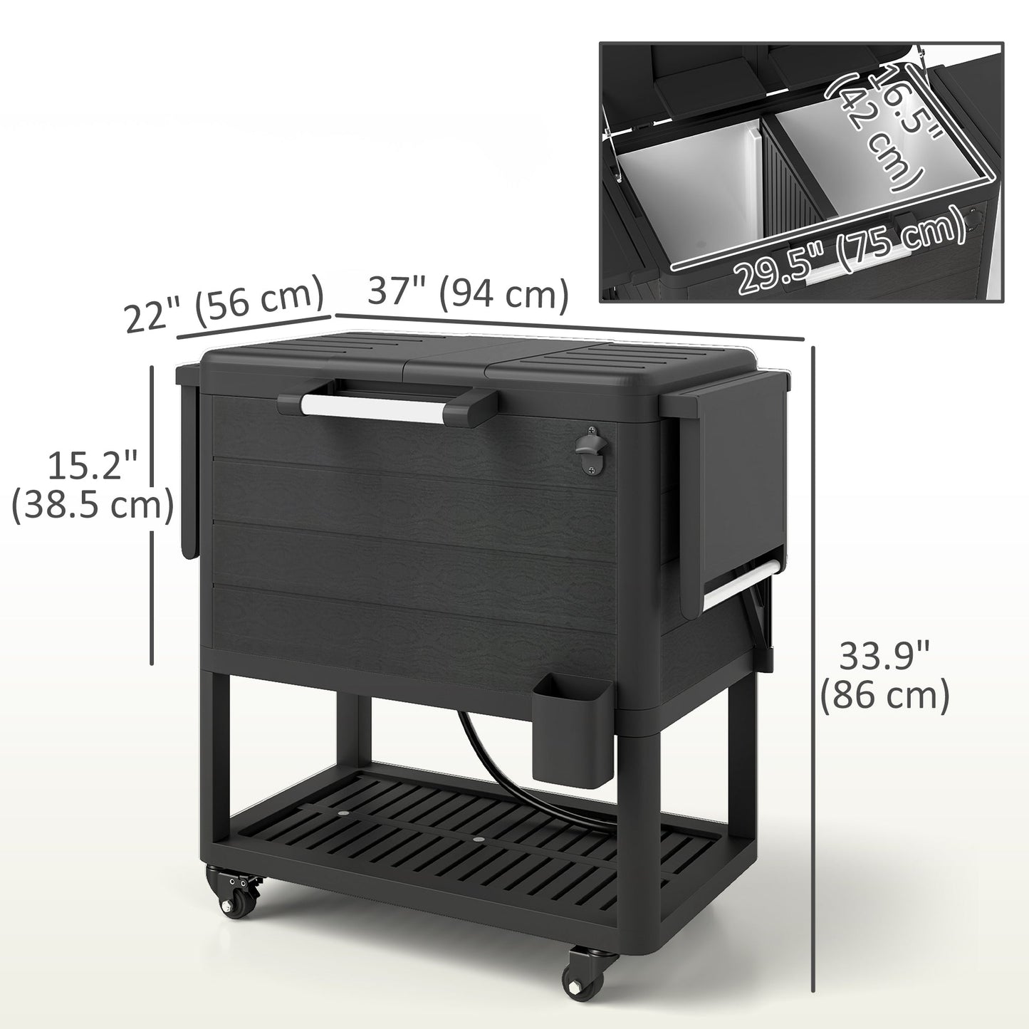 104 Quart Patio Cooler with Wheels, Holds up to 70 Bottles / 120 Cans, Rolling Ice Chest with Bottle Opener and Shelves, Outdoor Beverage Bar Cart with Handles, Black