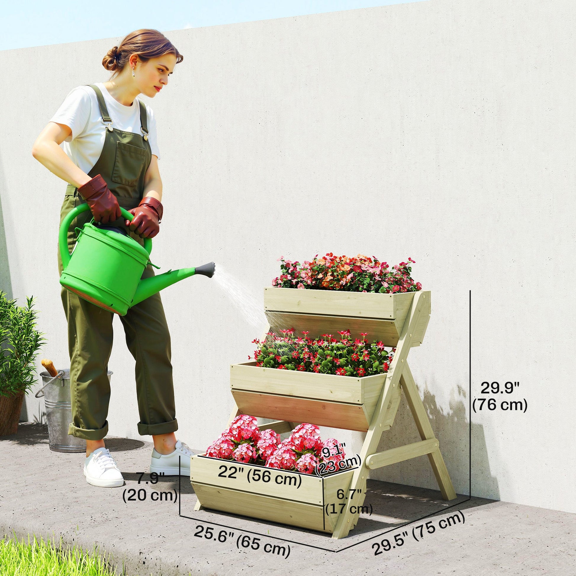 3 Tier Raised Garden Bed, 26" x 30" x 30" Vertical Wooden Elevated Planter Box Kit for Flowers, Vegetables, Herbs, Light Green