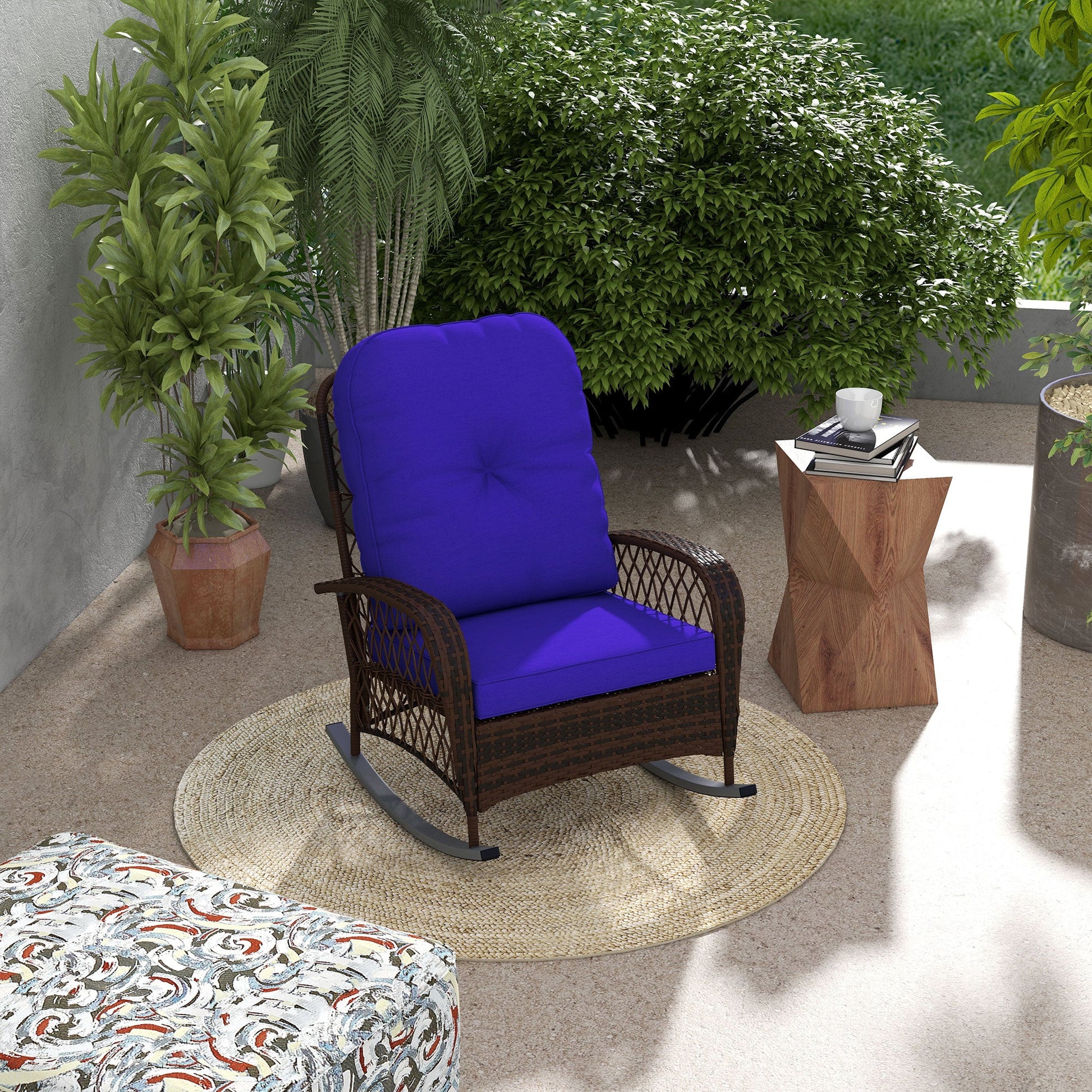 Rattan Rocking Chair, Outdoor Wicker Patio Rocker Chair Furniture with Thick Cushions, for Garden Backyard Porch, Dark Blue