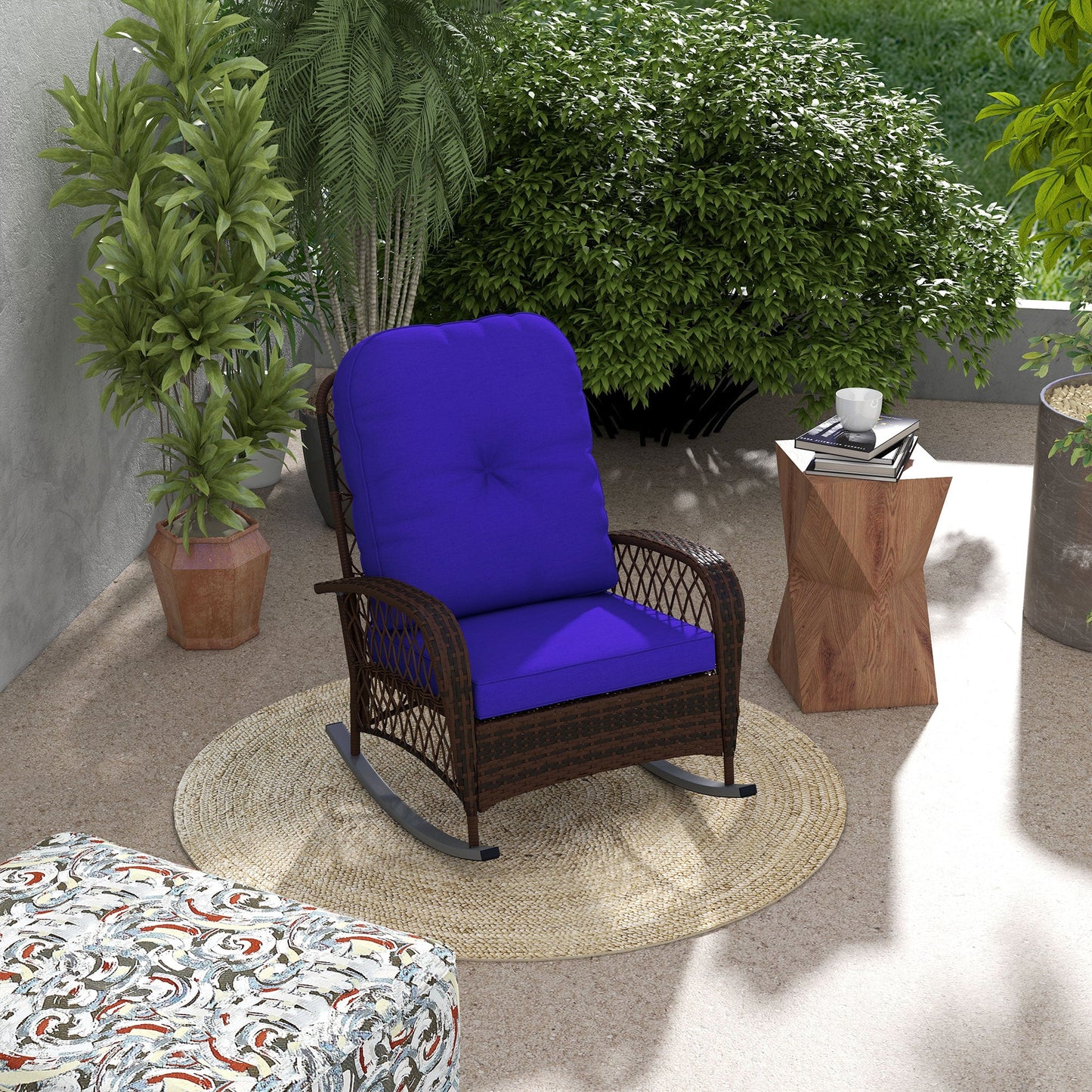 Rattan Rocking Chair, Outdoor Wicker Patio Rocker Chair Furniture with Thick Cushions, for Garden Backyard Porch, Dark Blue