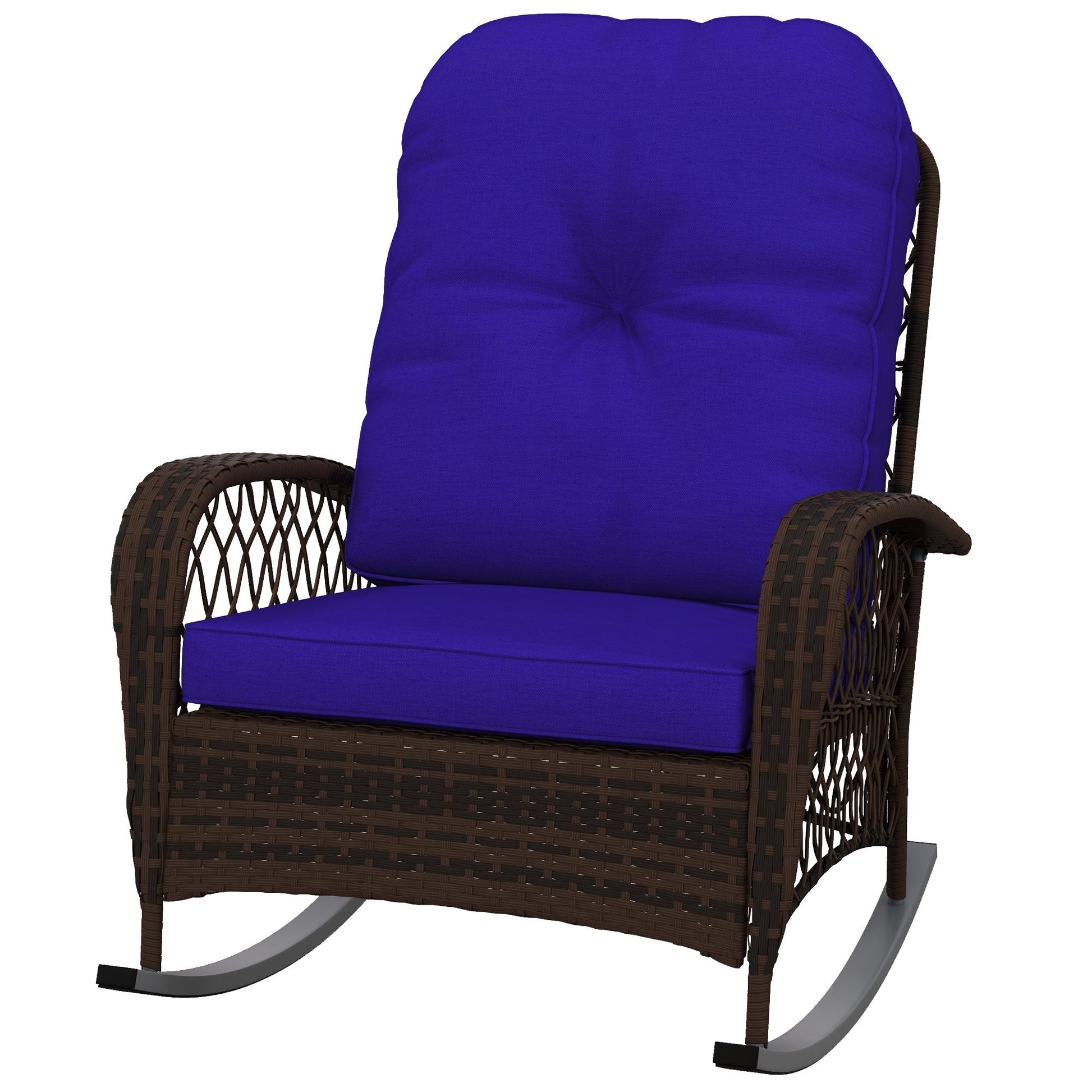 Rattan Rocking Chair, Outdoor Wicker Patio Rocker Chair Furniture with Thick Cushions, for Garden Backyard Porch, Dark Blue