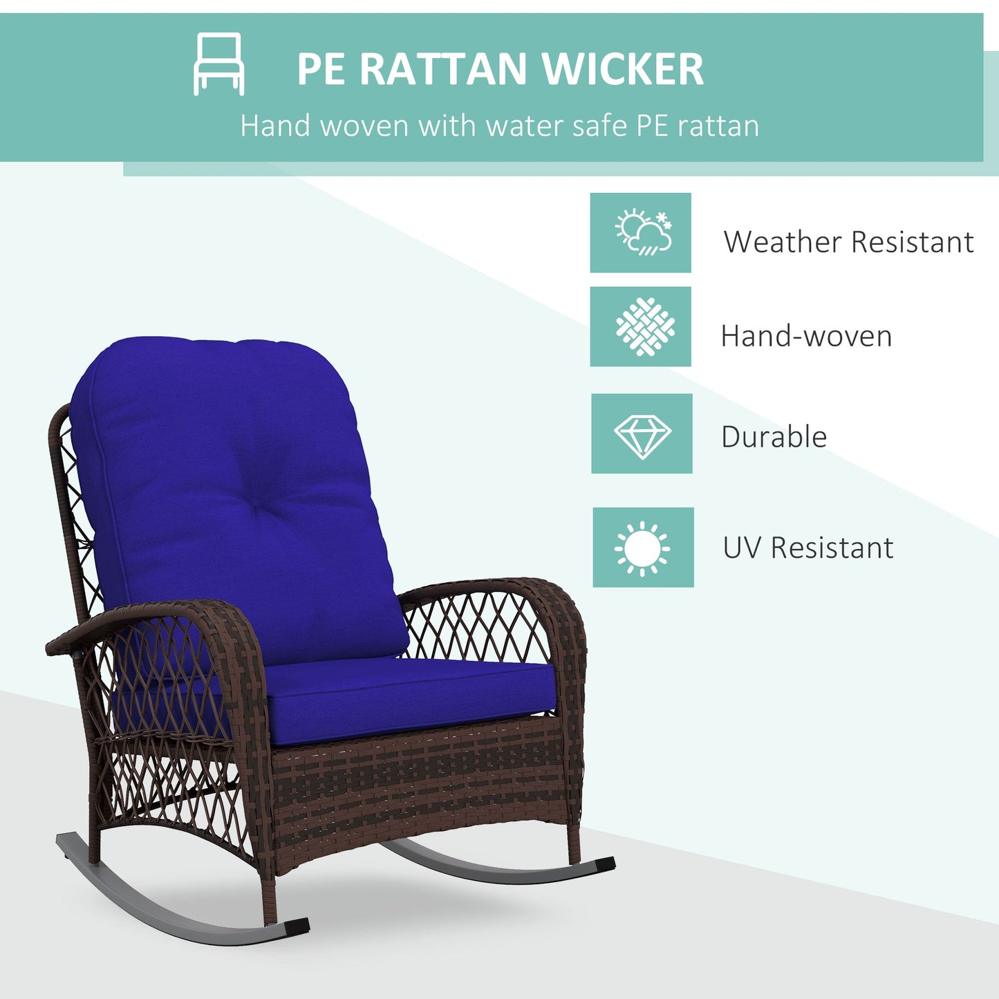 Rattan Rocking Chair, Outdoor Wicker Patio Rocker Chair Furniture with Thick Cushions, for Garden Backyard Porch, Dark Blue