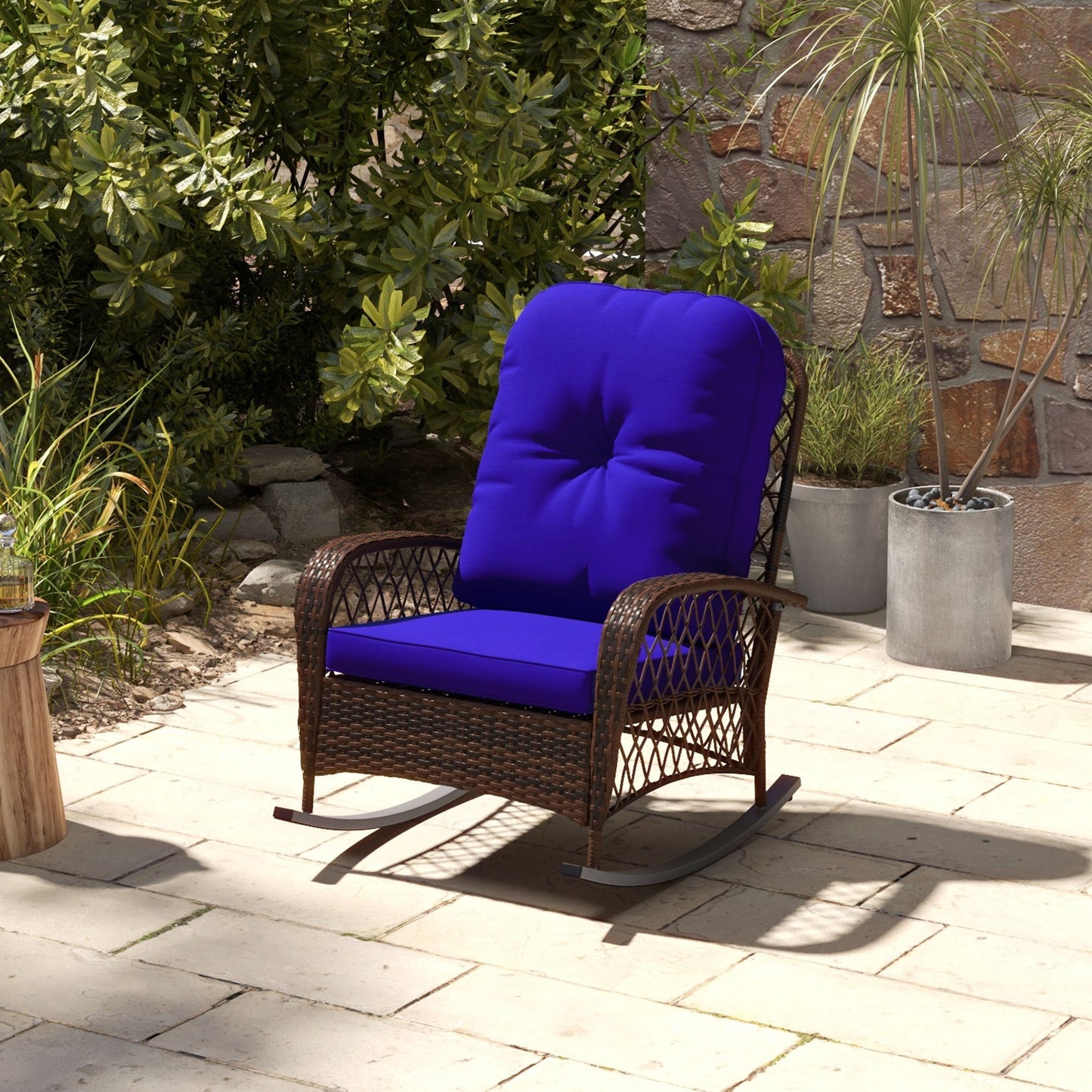Rattan Rocking Chair, Outdoor Wicker Patio Rocker Chair Furniture with Thick Cushions, for Garden Backyard Porch, Dark Blue
