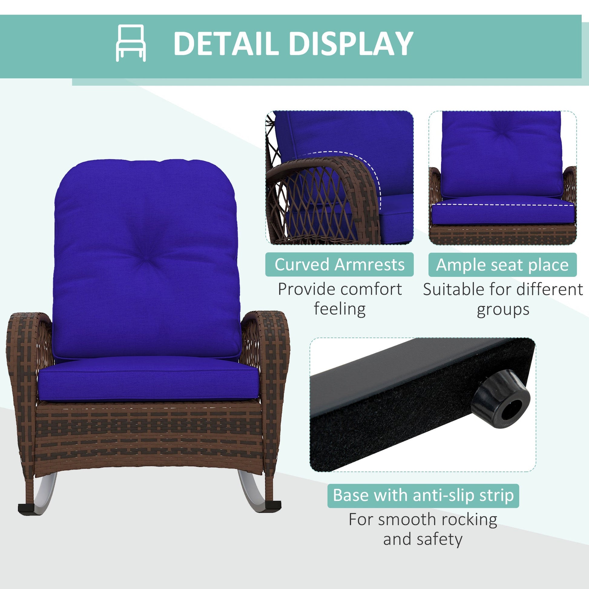Rattan Rocking Chair, Outdoor Wicker Patio Rocker Chair Furniture with Thick Cushions, for Garden Backyard Porch, Dark Blue