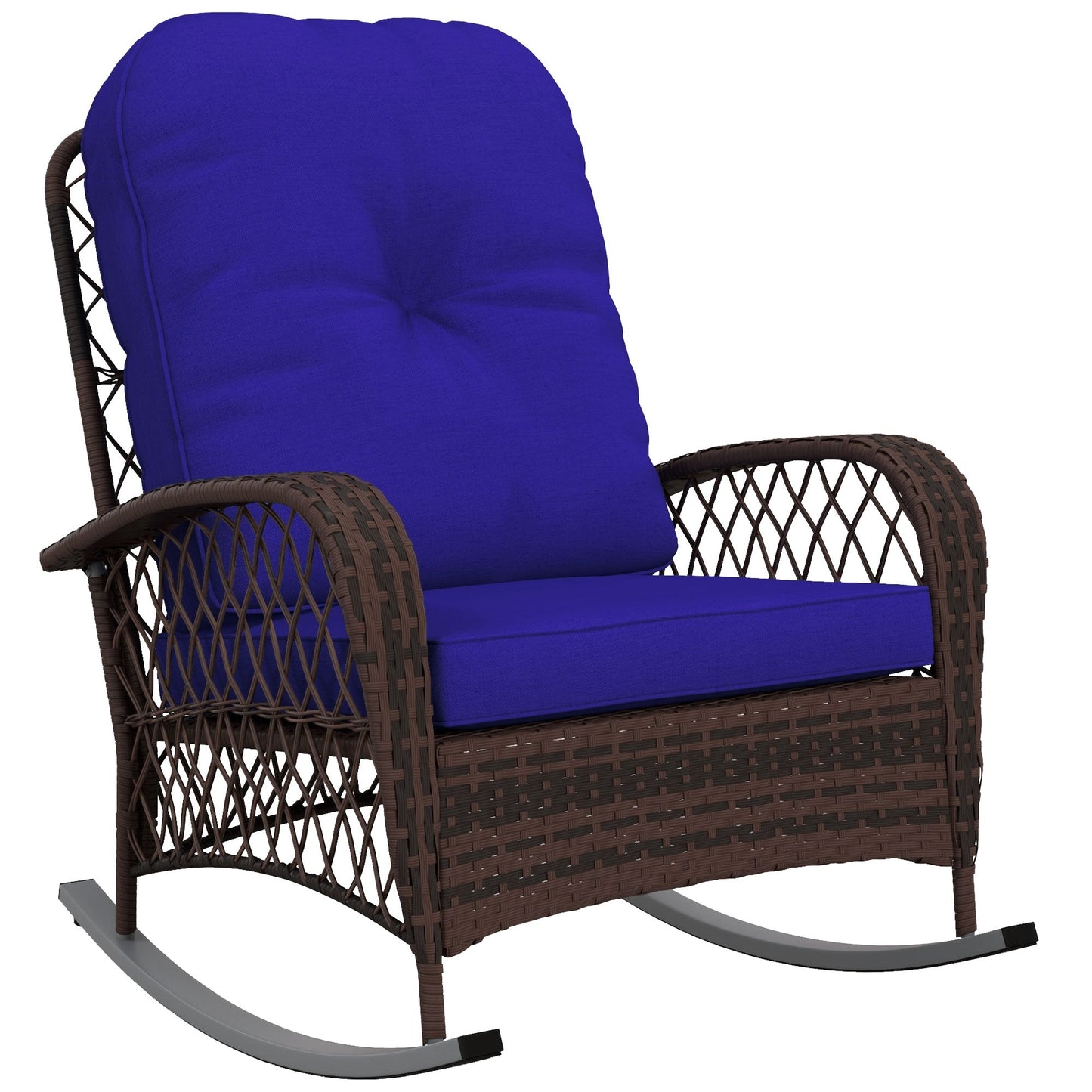 Rattan Rocking Chair, Outdoor Wicker Patio Rocker Chair Furniture with Thick Cushions, for Garden Backyard Porch, Dark Blue