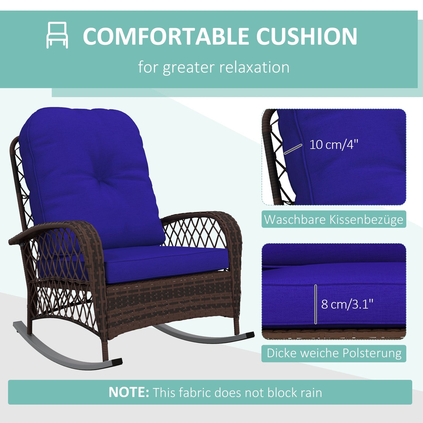 Rattan Rocking Chair, Outdoor Wicker Patio Rocker Chair Furniture with Thick Cushions, for Garden Backyard Porch, Dark Blue