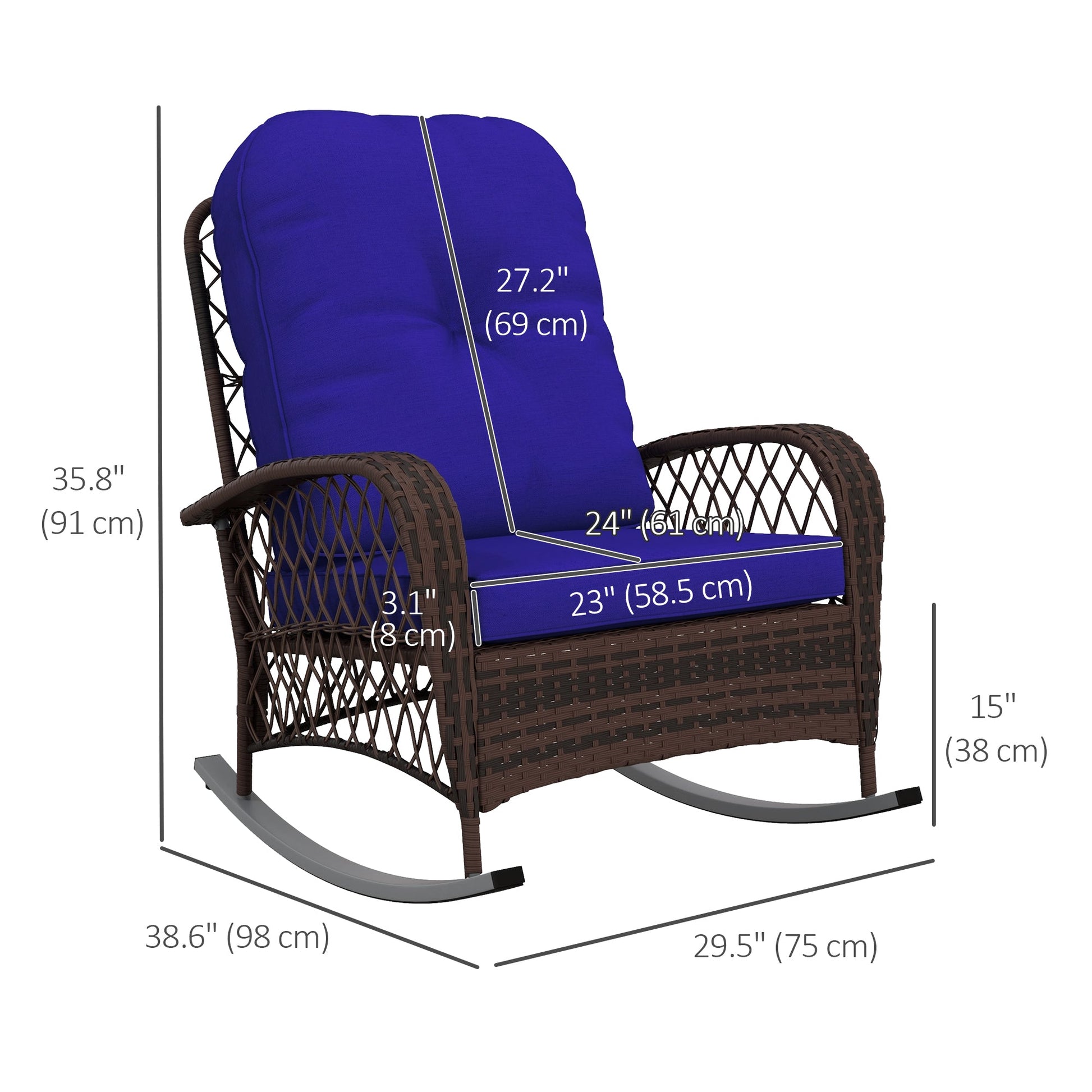 Rattan Rocking Chair, Outdoor Wicker Patio Rocker Chair Furniture with Thick Cushions, for Garden Backyard Porch, Dark Blue
