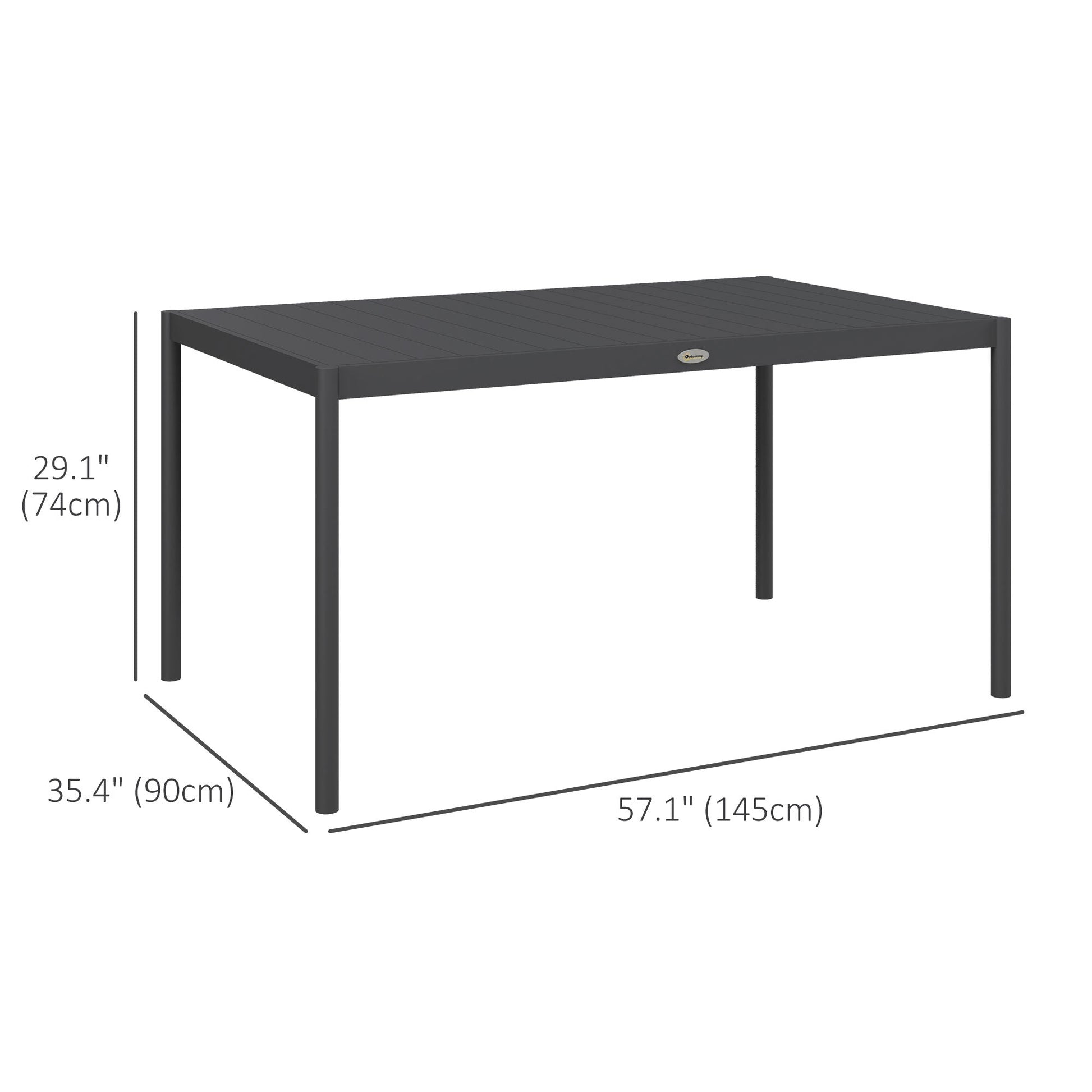 57" Outdoor Dining Table, Rectangle Garden Table for 6 People, with Aluminium Frame, Slatted Design for Lawn, Balcony, Dark Grey