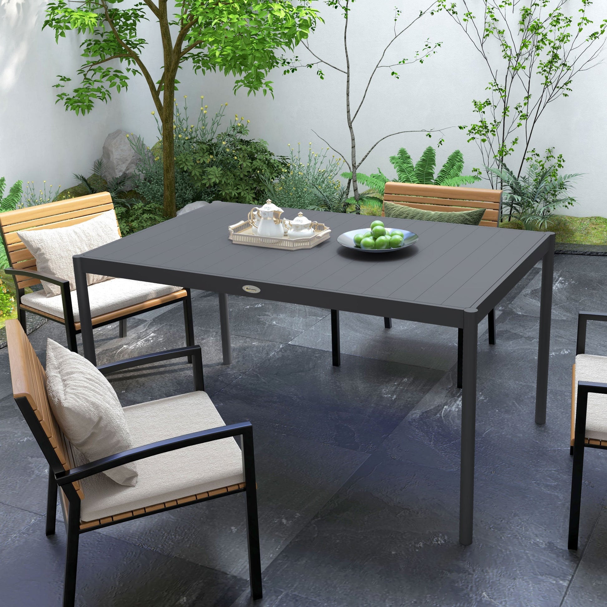 57" Outdoor Dining Table, Rectangle Garden Table for 6 People, with Aluminium Frame, Slatted Design for Lawn, Balcony, Dark Grey
