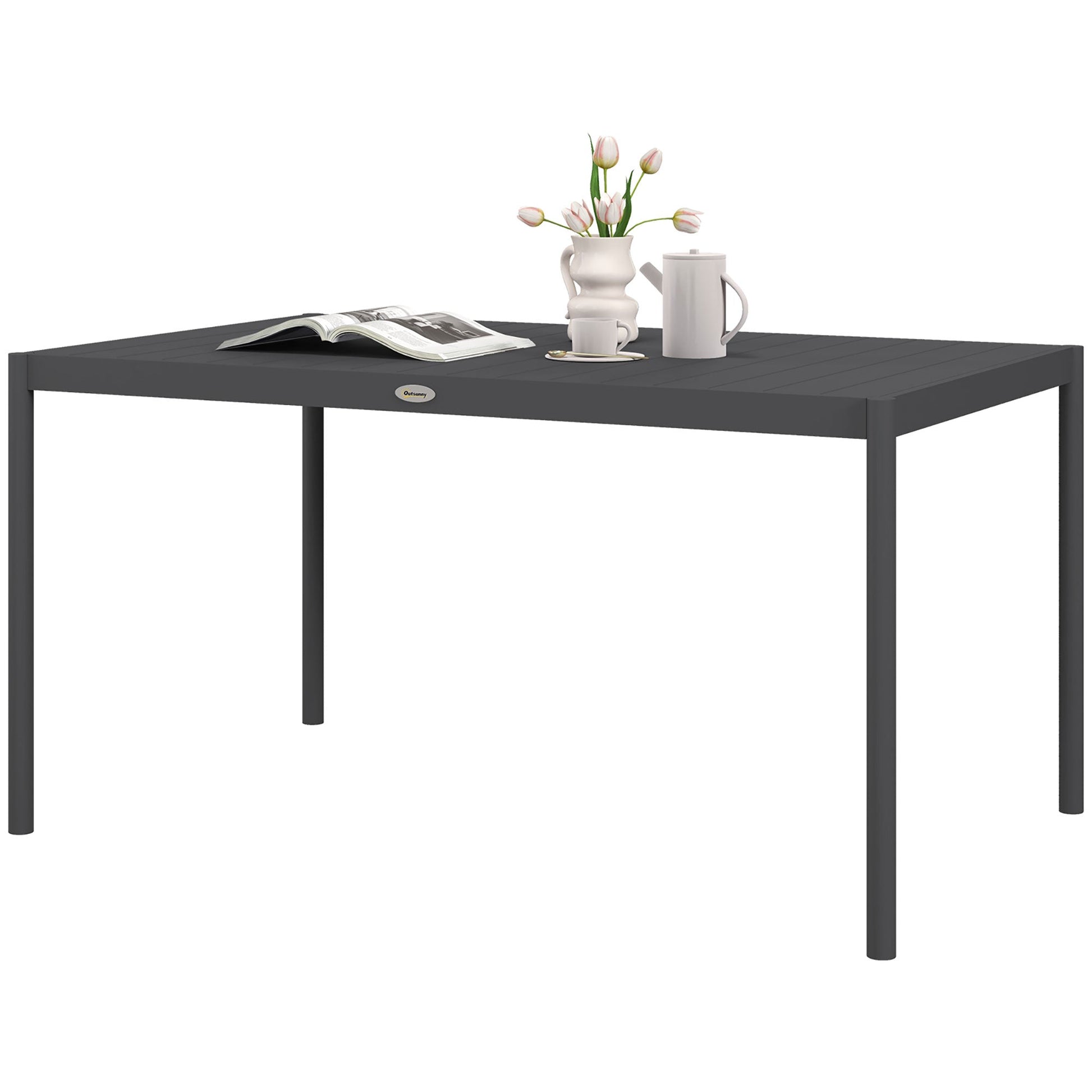 57" Outdoor Dining Table, Rectangle Garden Table for 6 People, with Aluminium Frame, Slatted Design for Lawn, Balcony, Dark Grey
