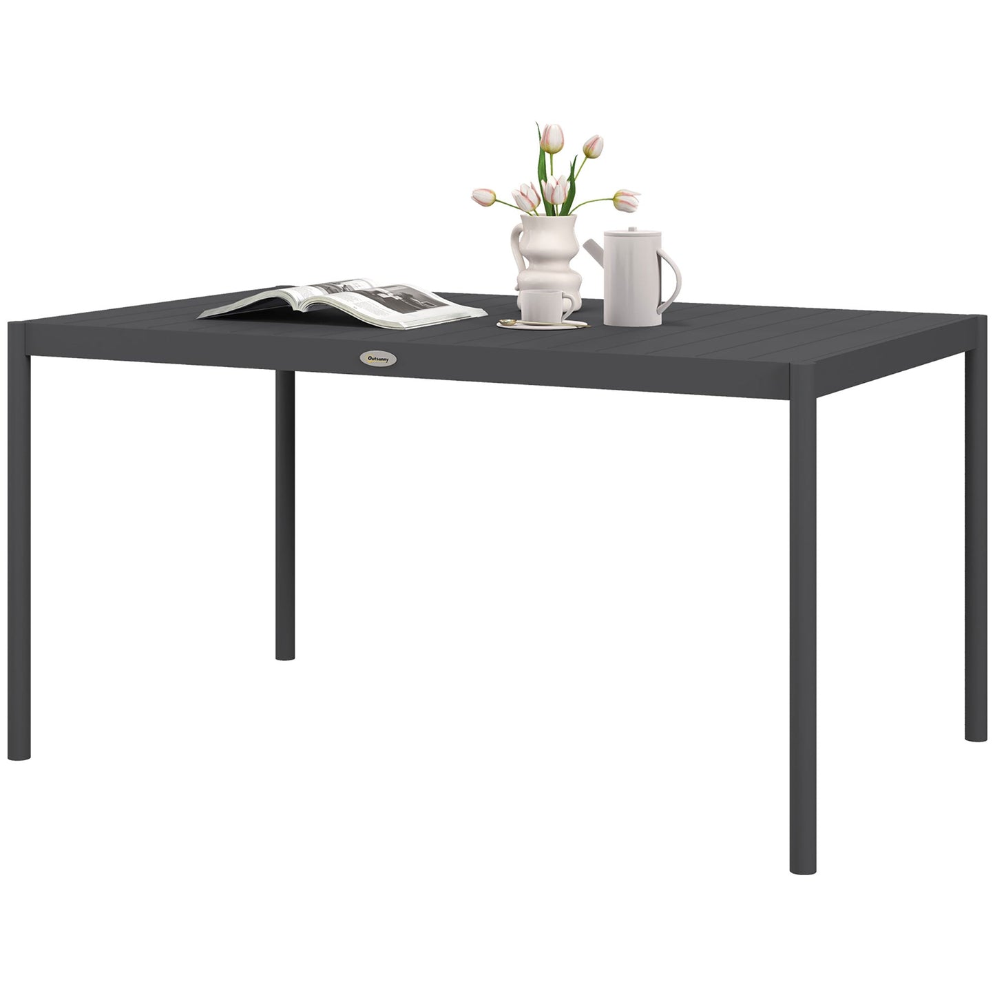 57" Outdoor Dining Table, Rectangle Garden Table for 6 People, with Aluminium Frame, Slatted Design for Lawn, Balcony, Dark Grey